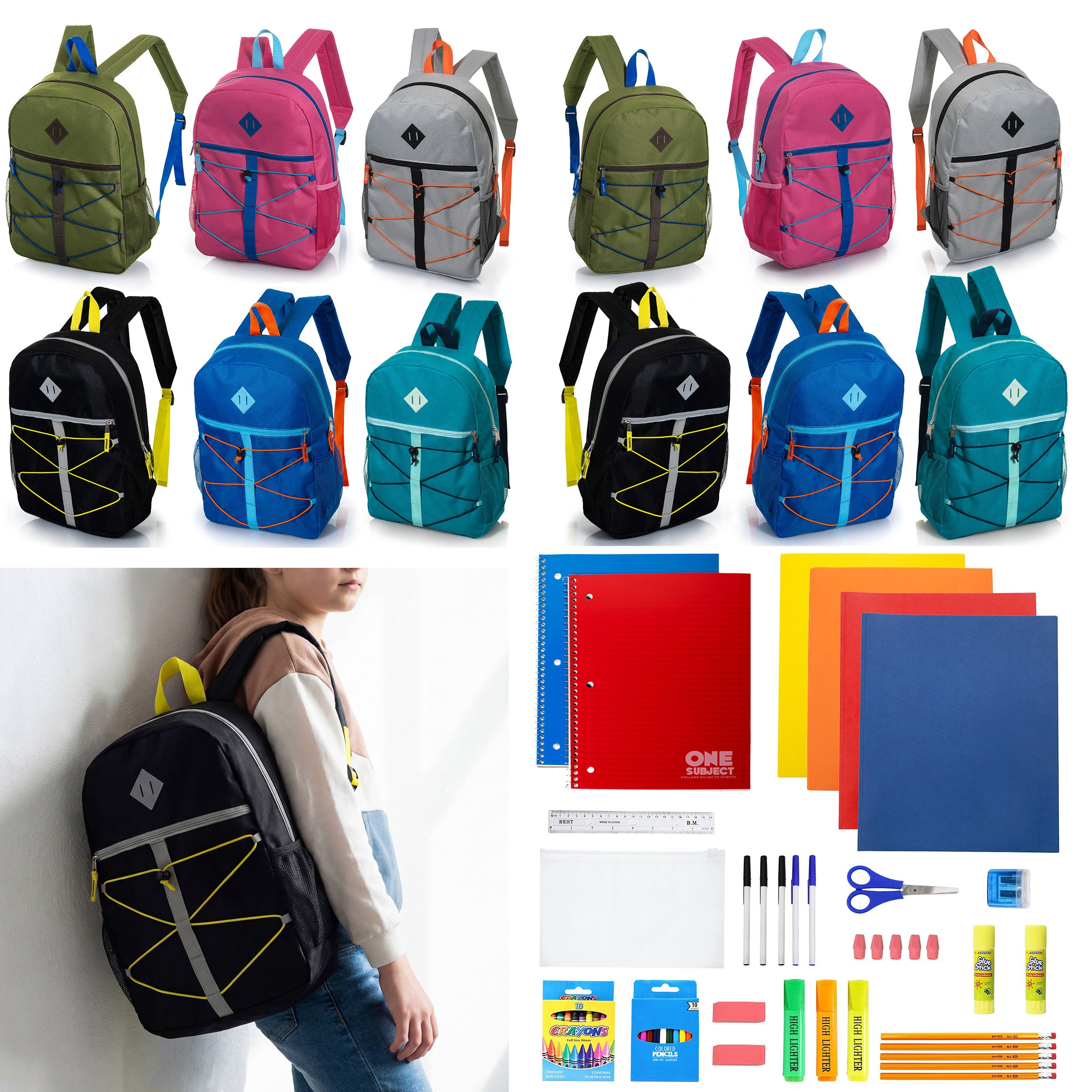 12 Wholesale 17" Bungee Backpack in 6 Colors & 12 Bulk School Supply Kits of Your Choice
