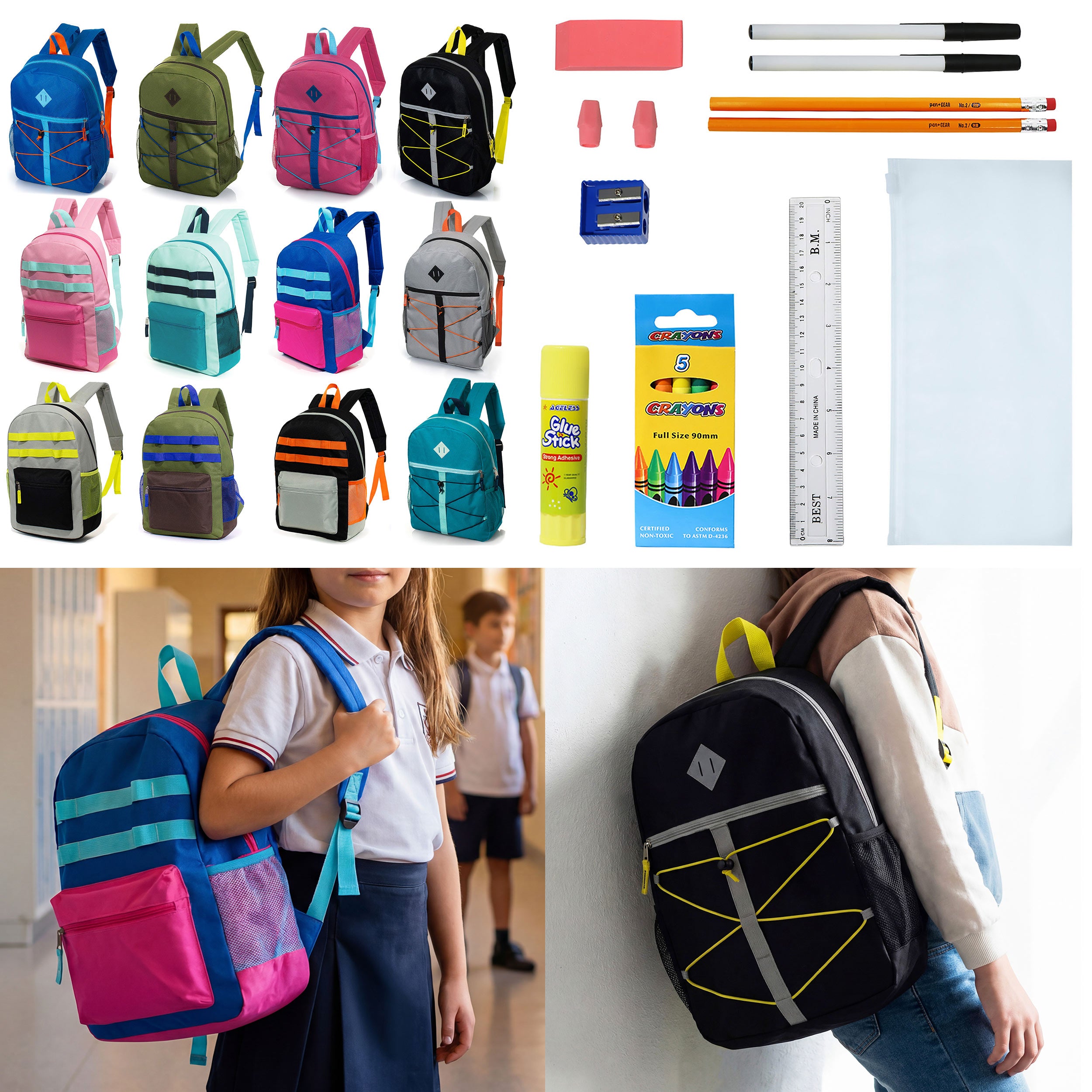 12 Wholesale 17" Backpacks in 12 Assorted Colors and Prints & 12 Bulk School Supply Kits of Your Choice