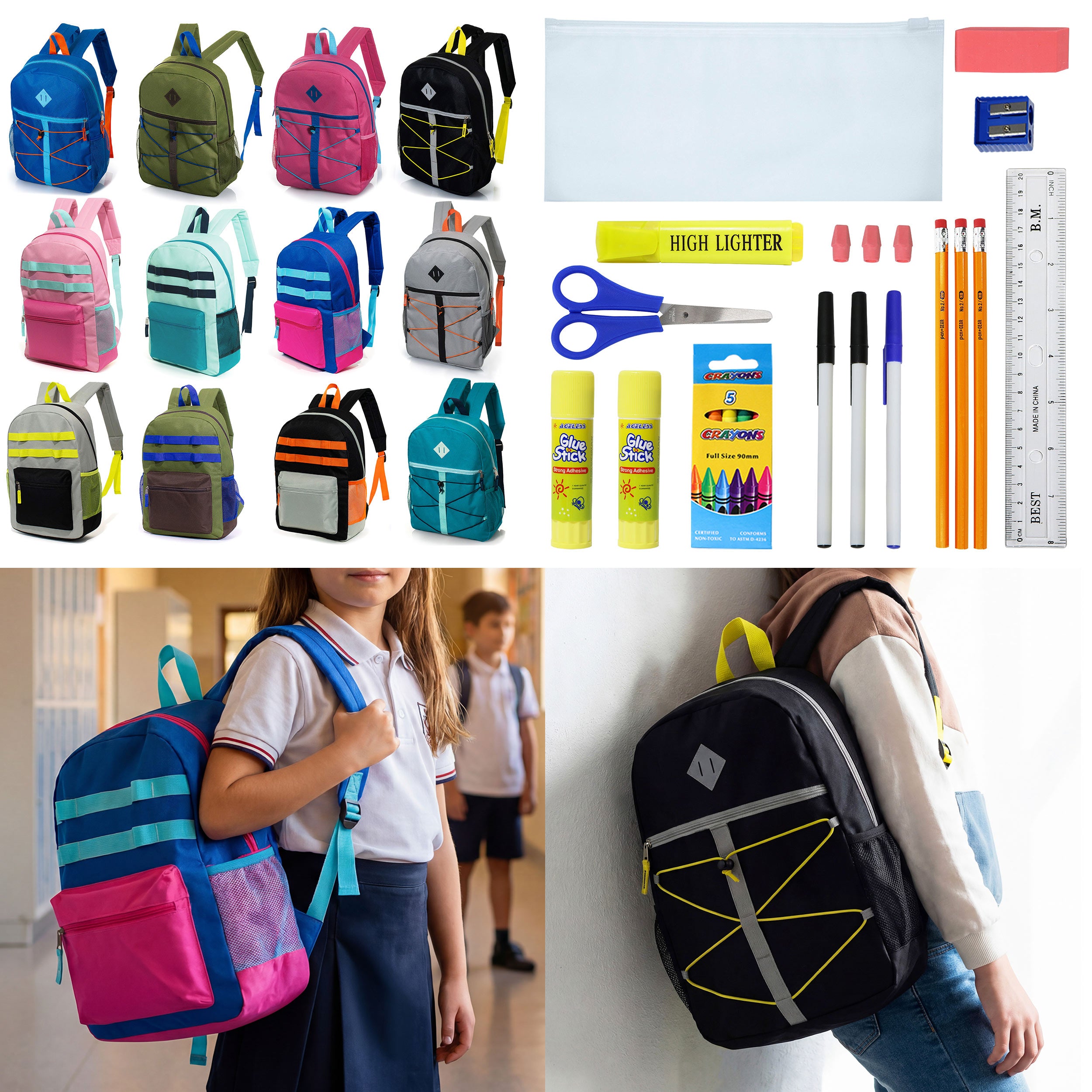 12 Wholesale 17" Backpacks in 12 Assorted Colors and Prints & 12 Bulk School Supply Kits of Your Choice