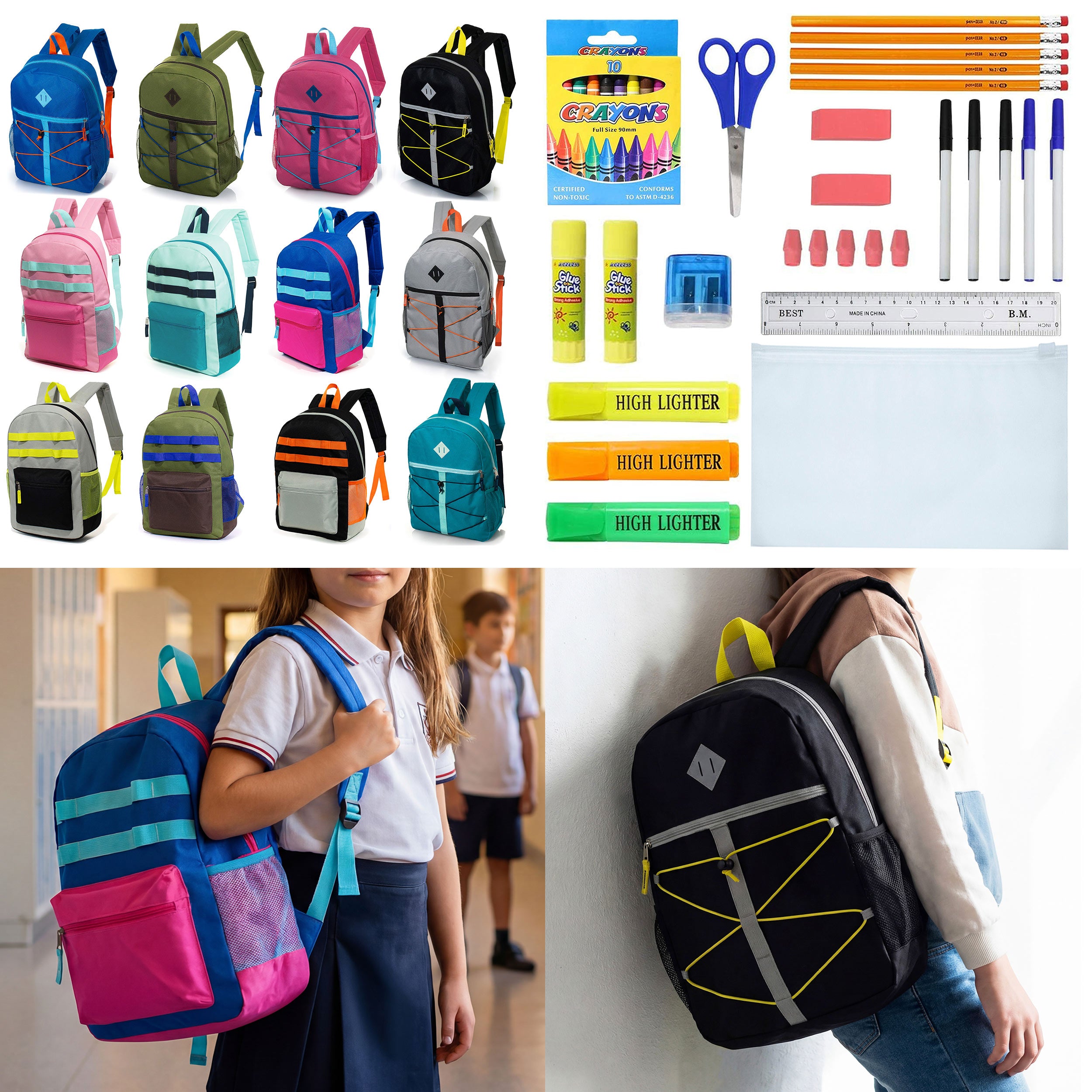 12 Wholesale 17" Backpacks in 12 Assorted Colors and Prints & 12 Bulk School Supply Kits of Your Choice