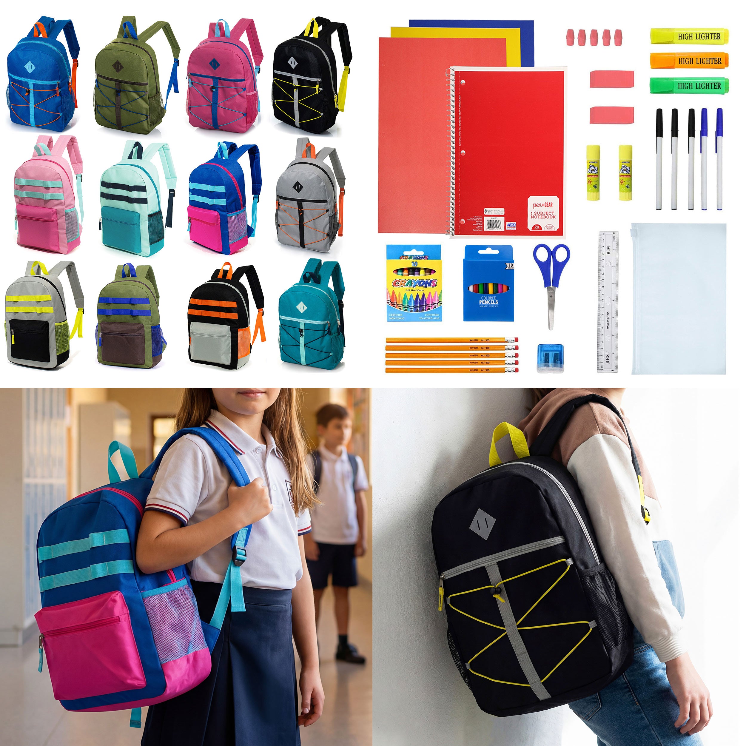 12 Wholesale 17" Backpacks in 12 Assorted Colors and Prints & 12 Bulk School Supply Kits of Your Choice