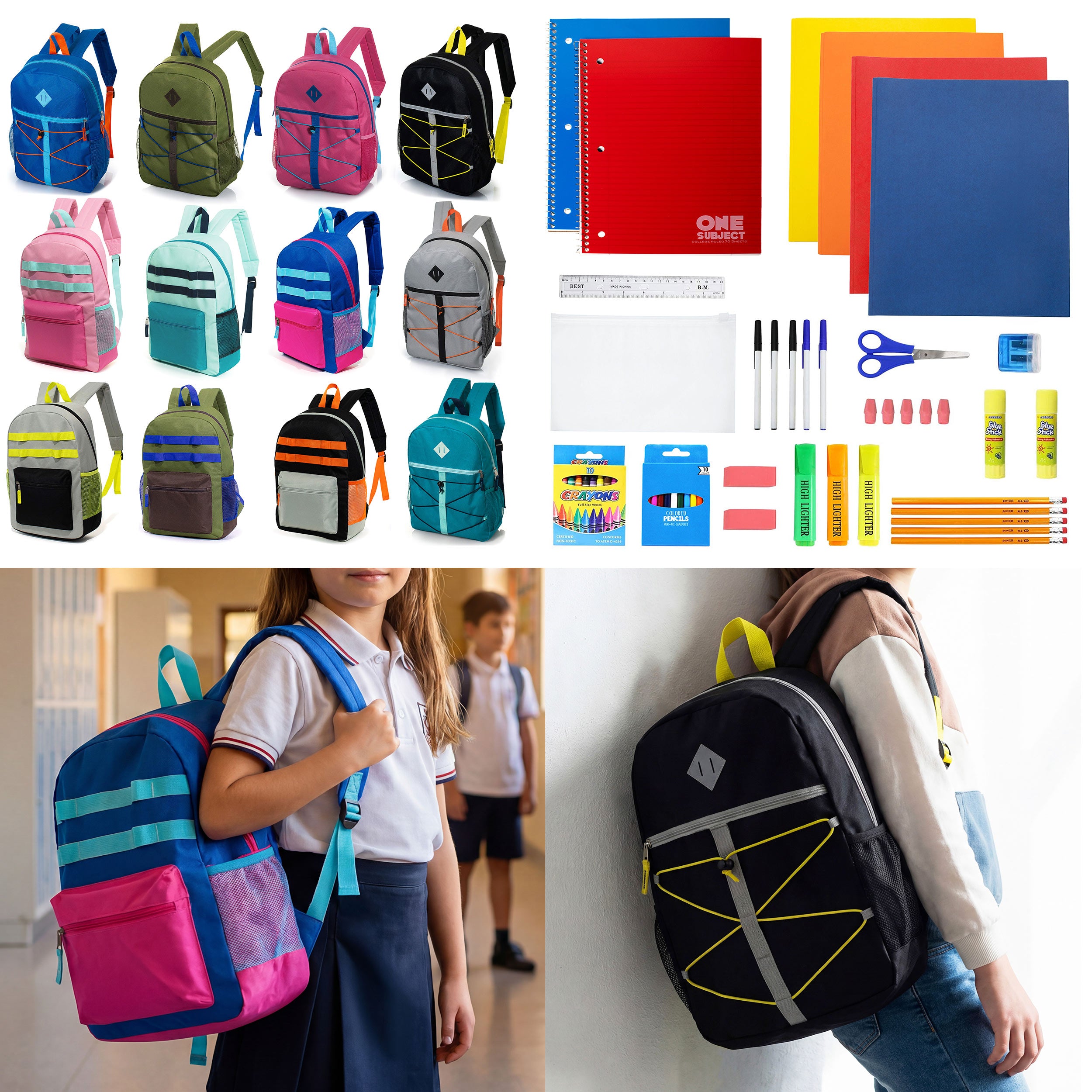 12 Wholesale 17" Backpacks in 12 Assorted Colors and Prints & 12 Bulk School Supply Kits of Your Choice