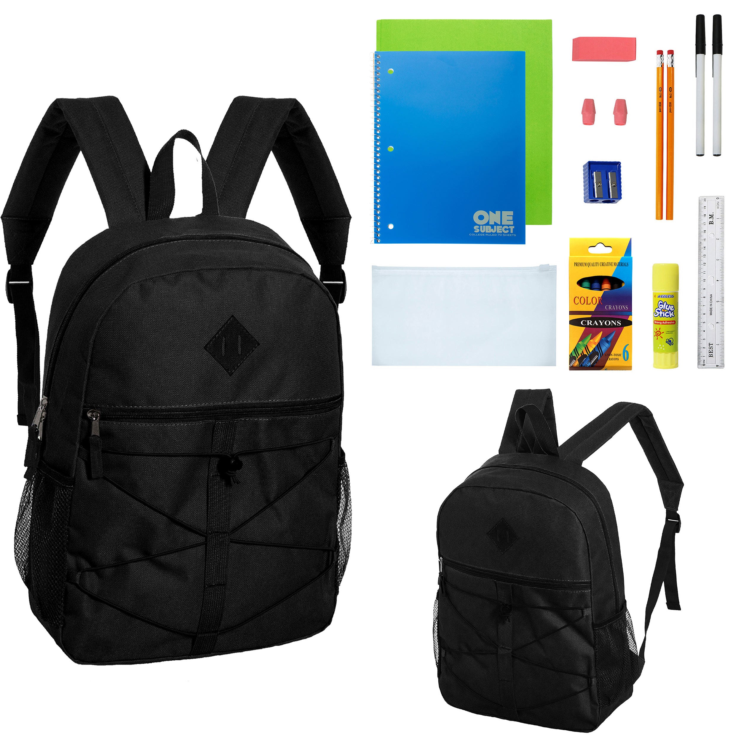12 Wholesale 18" Black Bungee Backpacks & 12 Bulk School Supply Kits of Your Choice