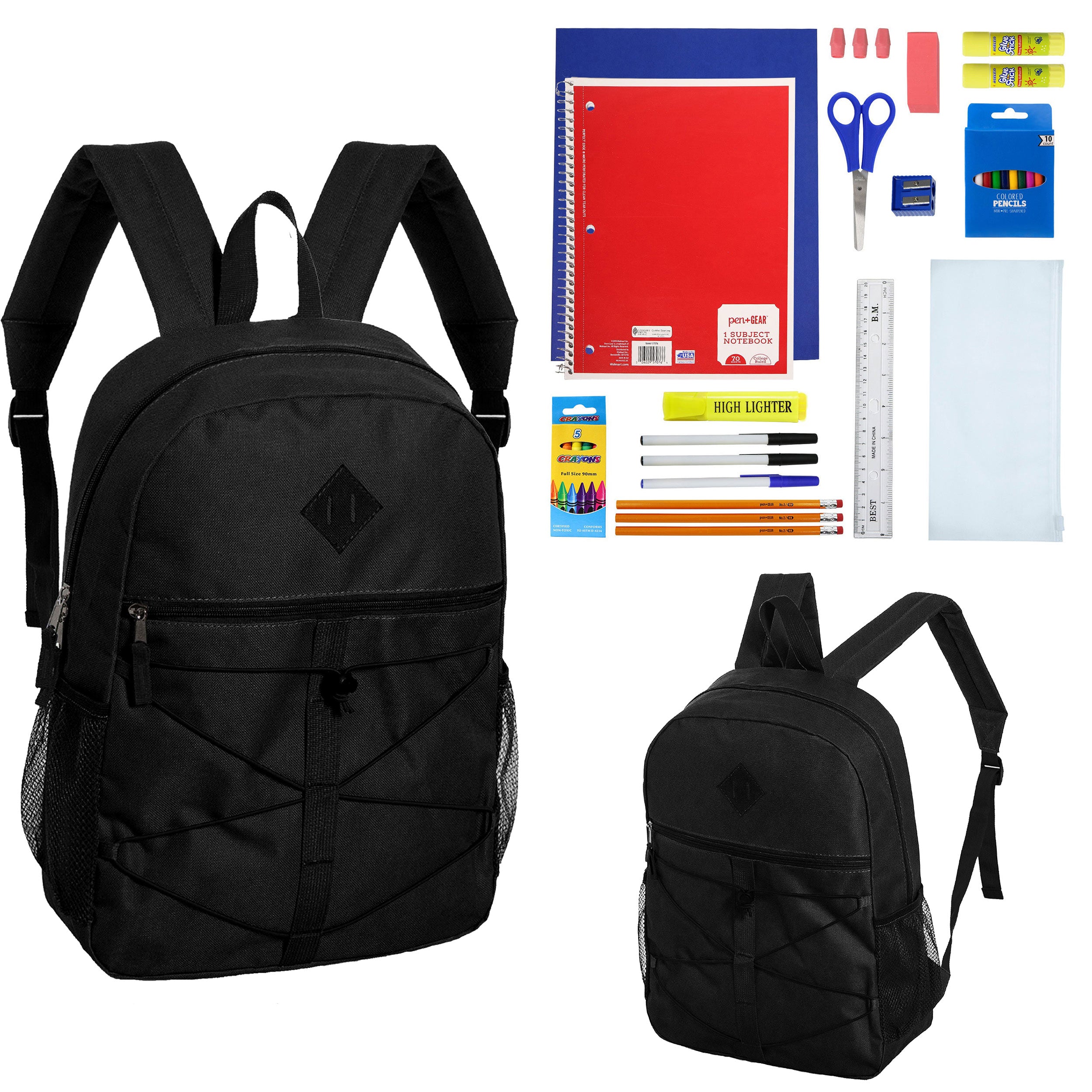 12 Wholesale 18" Black Bungee Backpacks & 12 Bulk School Supply Kits of Your Choice