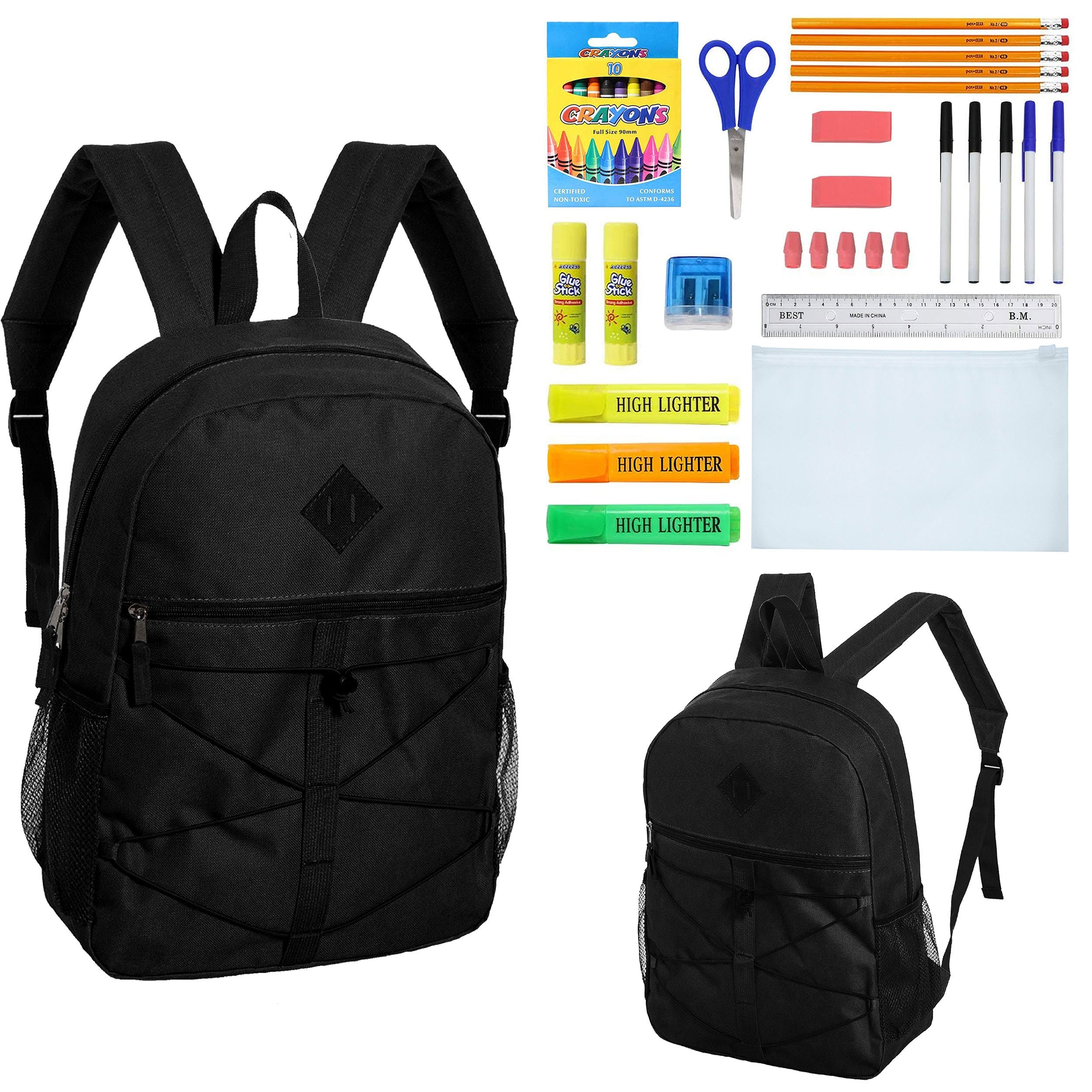12 Wholesale 18" Black Bungee Backpacks & 12 Bulk School Supply Kits of Your Choice