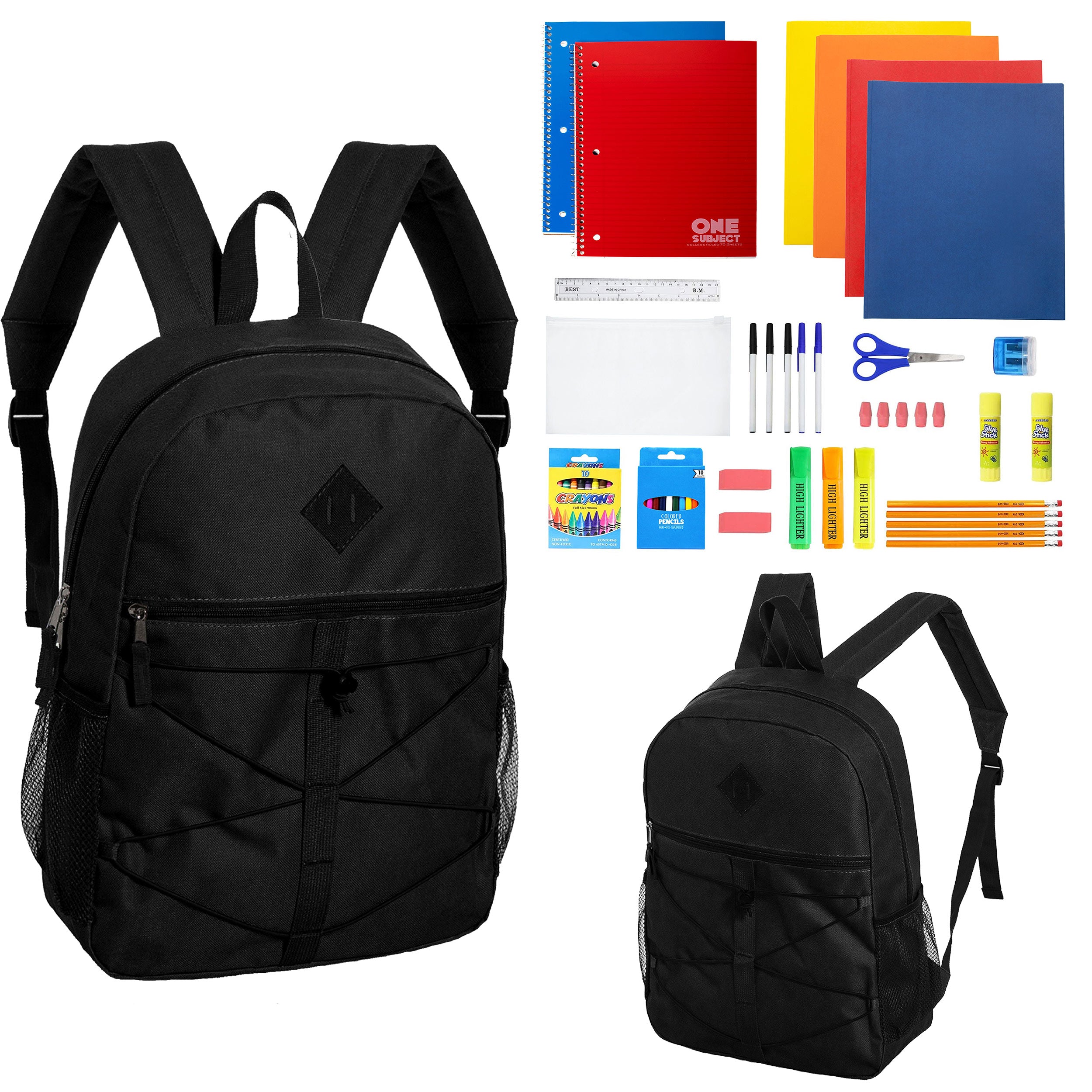 12 Wholesale 18" Black Bungee Backpacks & 12 Bulk School Supply Kits of Your Choice