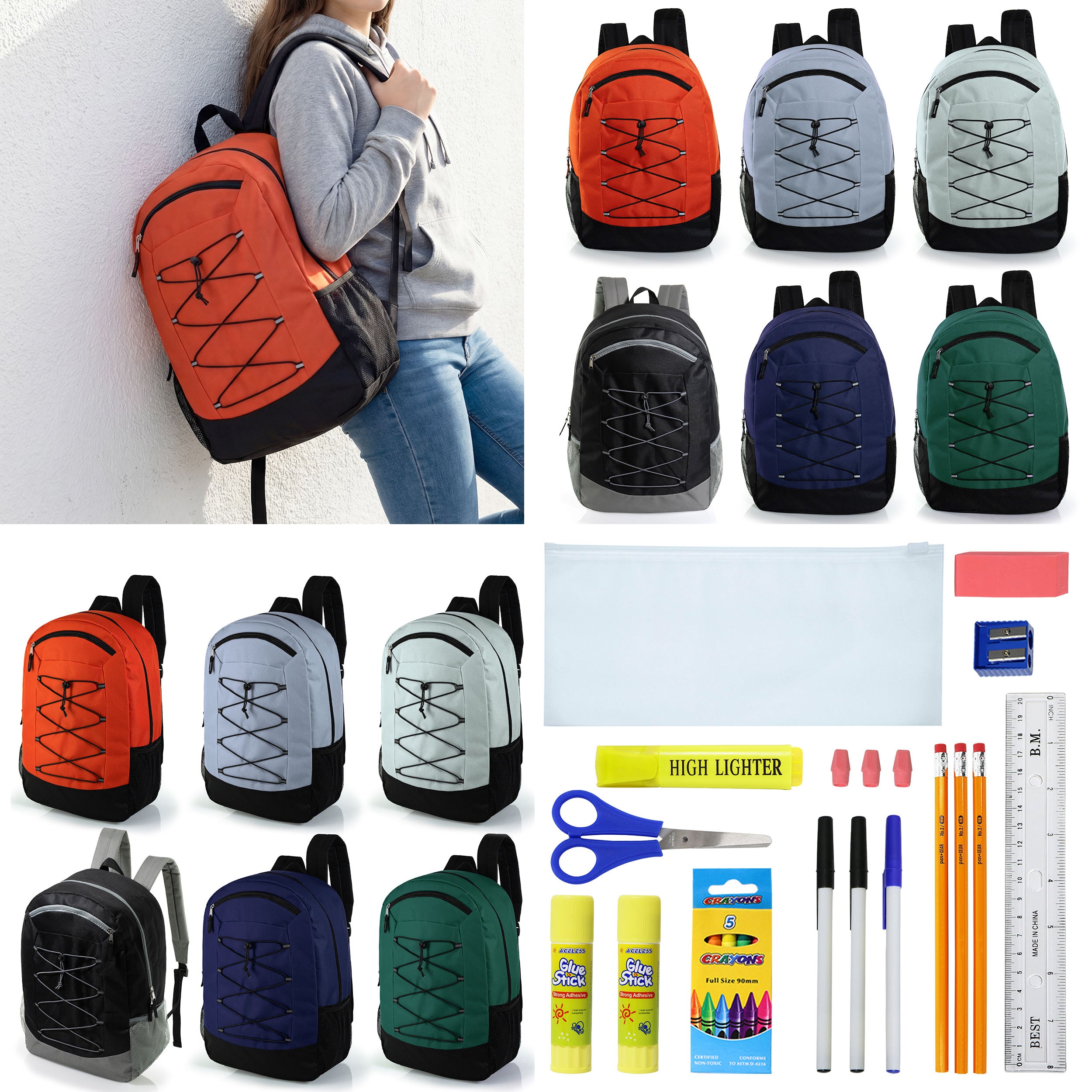 12 Wholesale 19" Bungee Backpack in 6 Colors & 12 Bulk School Supply Kits of Your Choice
