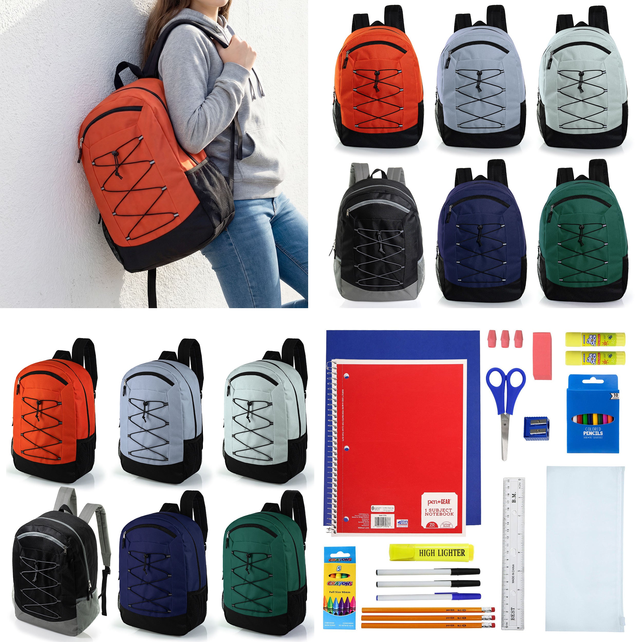 12 Wholesale 19" Bungee Backpack in 6 Colors & 12 Bulk School Supply Kits of Your Choice