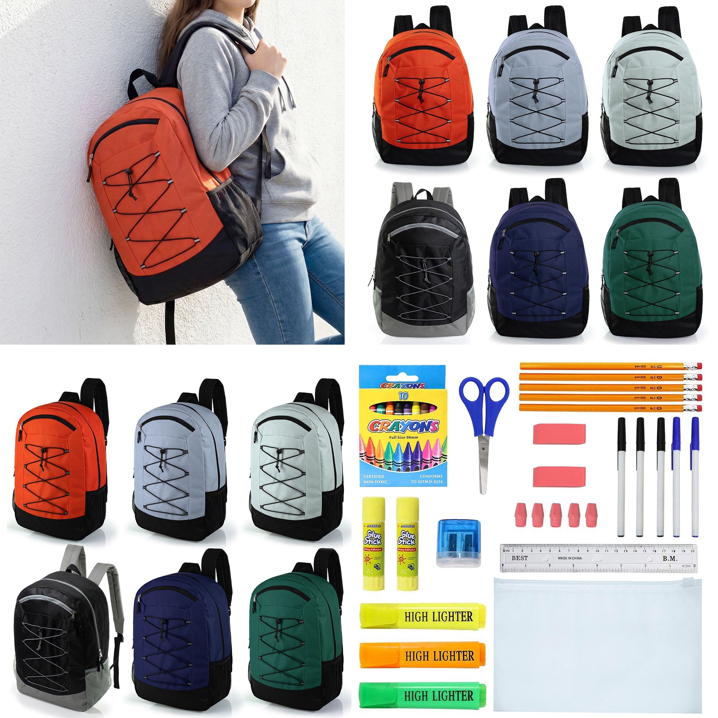 12 Wholesale 19" Bungee Backpack in 6 Colors & 12 Bulk School Supply Kits of Your Choice