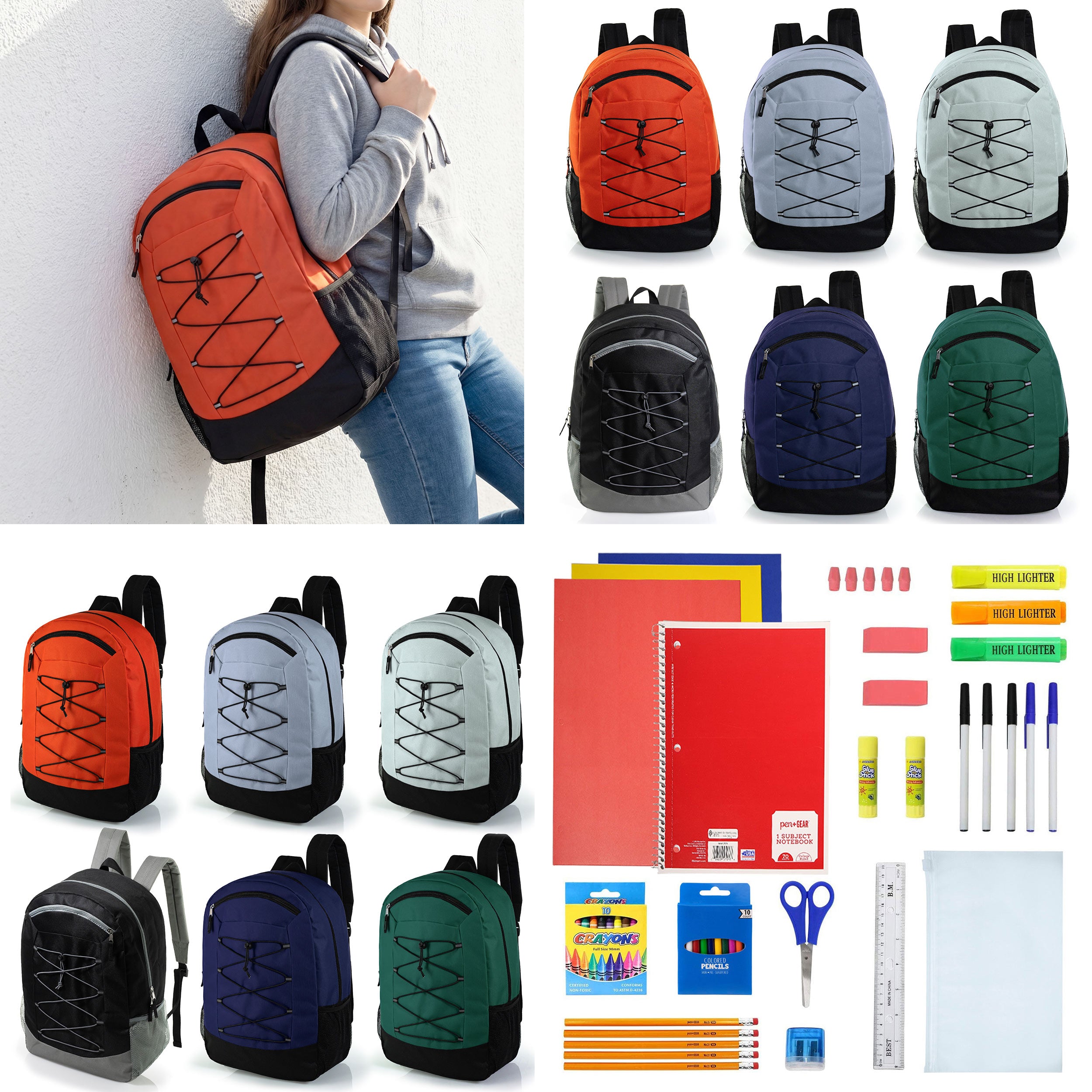 12 Wholesale 19" Bungee Backpack in 6 Colors & 12 Bulk School Supply Kits of Your Choice
