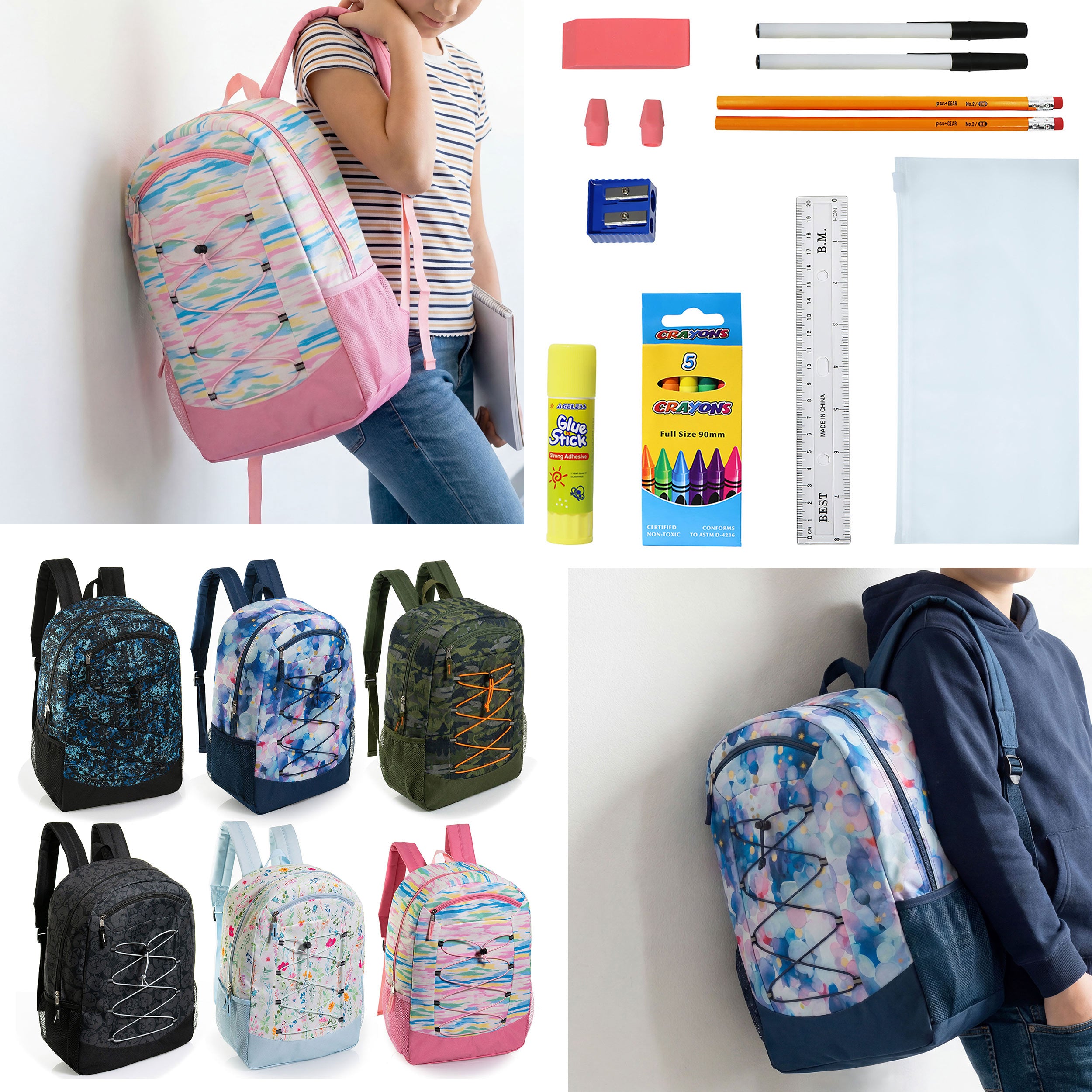 12 Wholesale 19" Bungee Backpack in 6 Patterns & 12 Bulk School Supply Kits of Your Choice