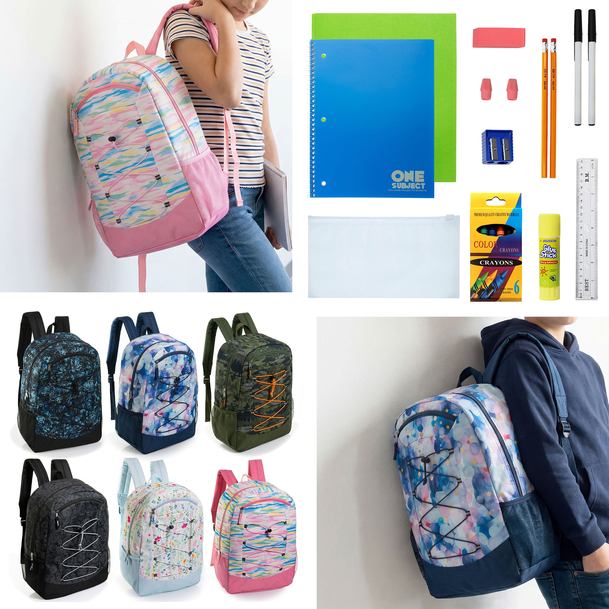 12 Wholesale 19" Bungee Backpack in 6 Patterns & 12 Bulk School Supply Kits of Your Choice