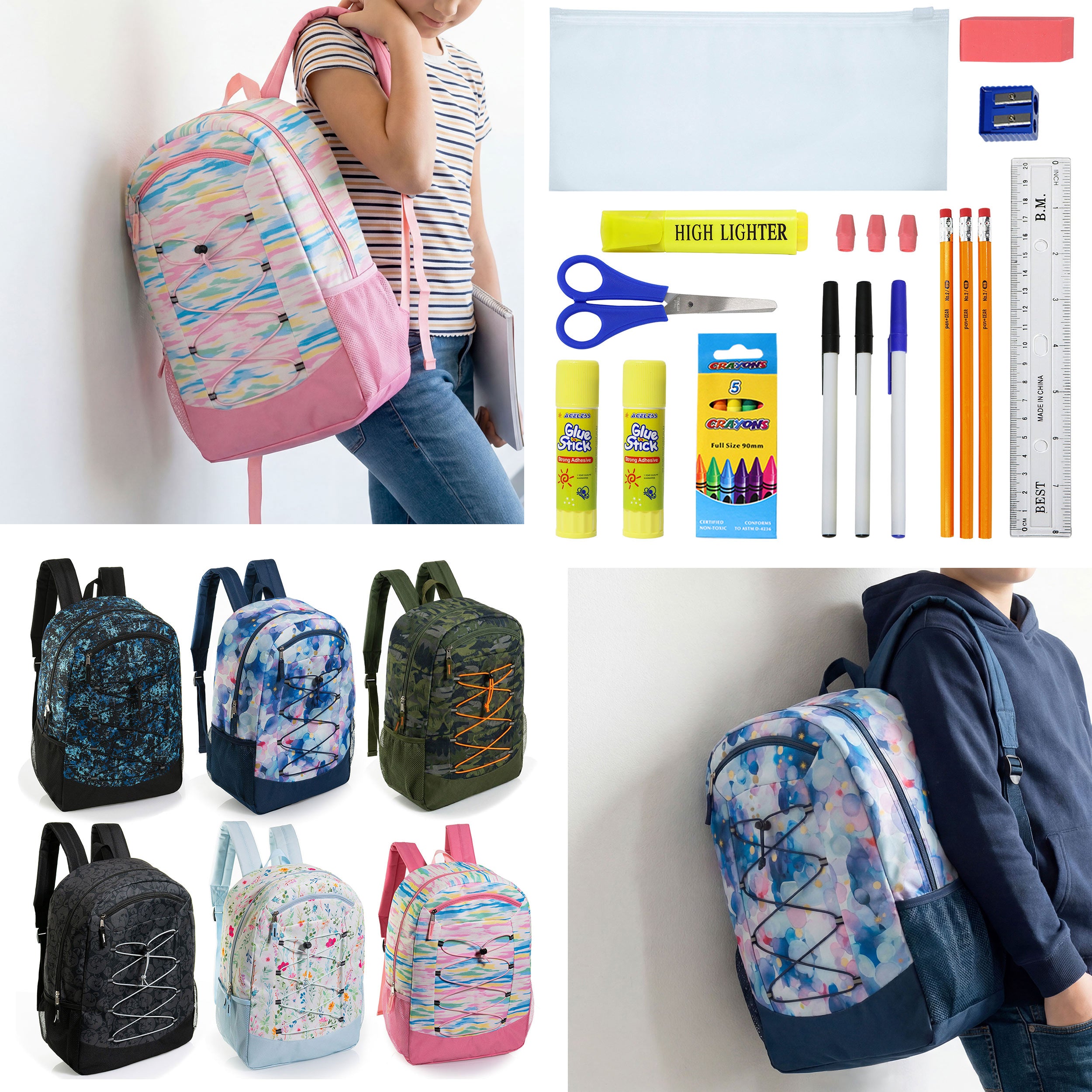 12 Wholesale 19" Bungee Backpack in 6 Patterns & 12 Bulk School Supply Kits of Your Choice