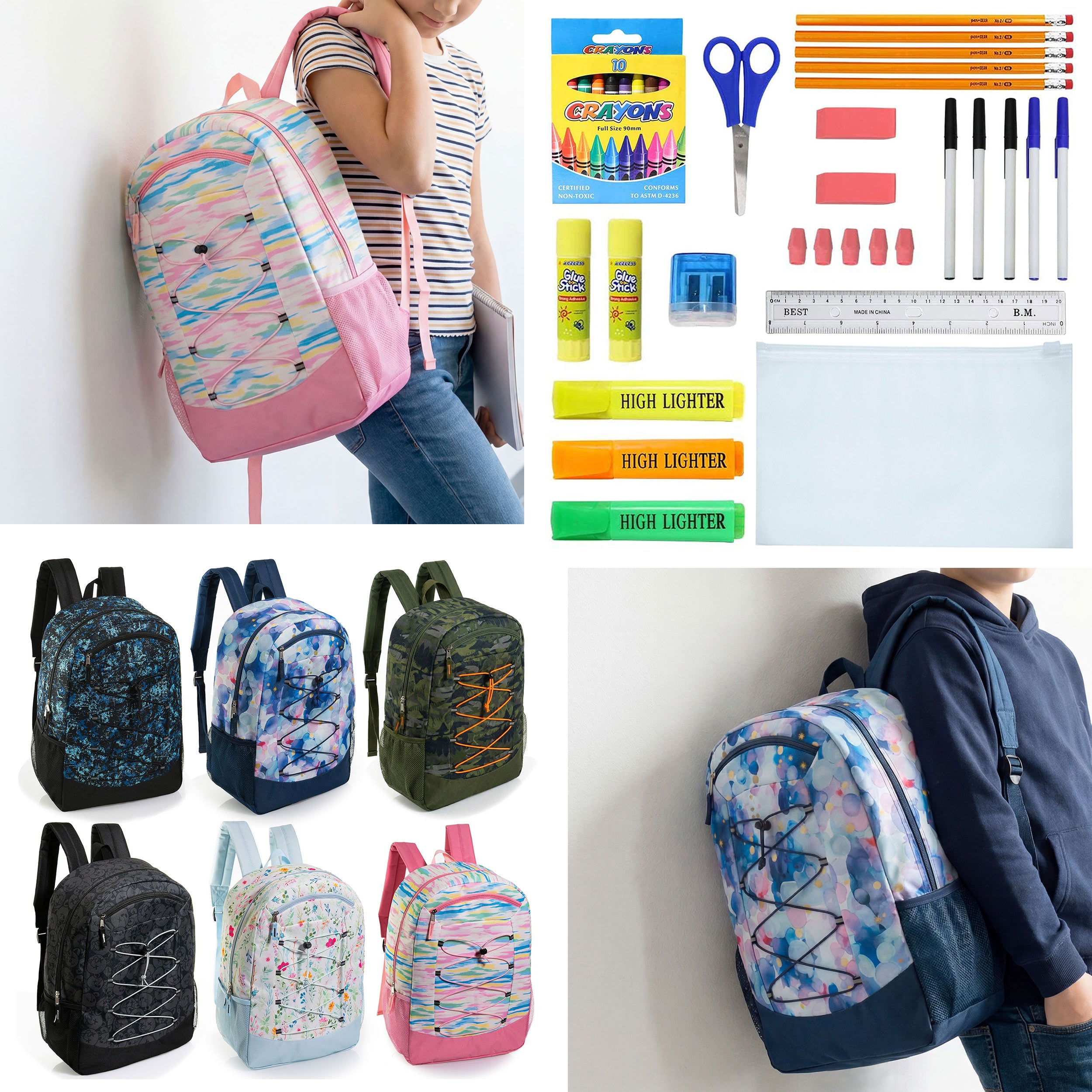 12 Wholesale 19" Bungee Backpack in 6 Patterns & 12 Bulk School Supply Kits of Your Choice