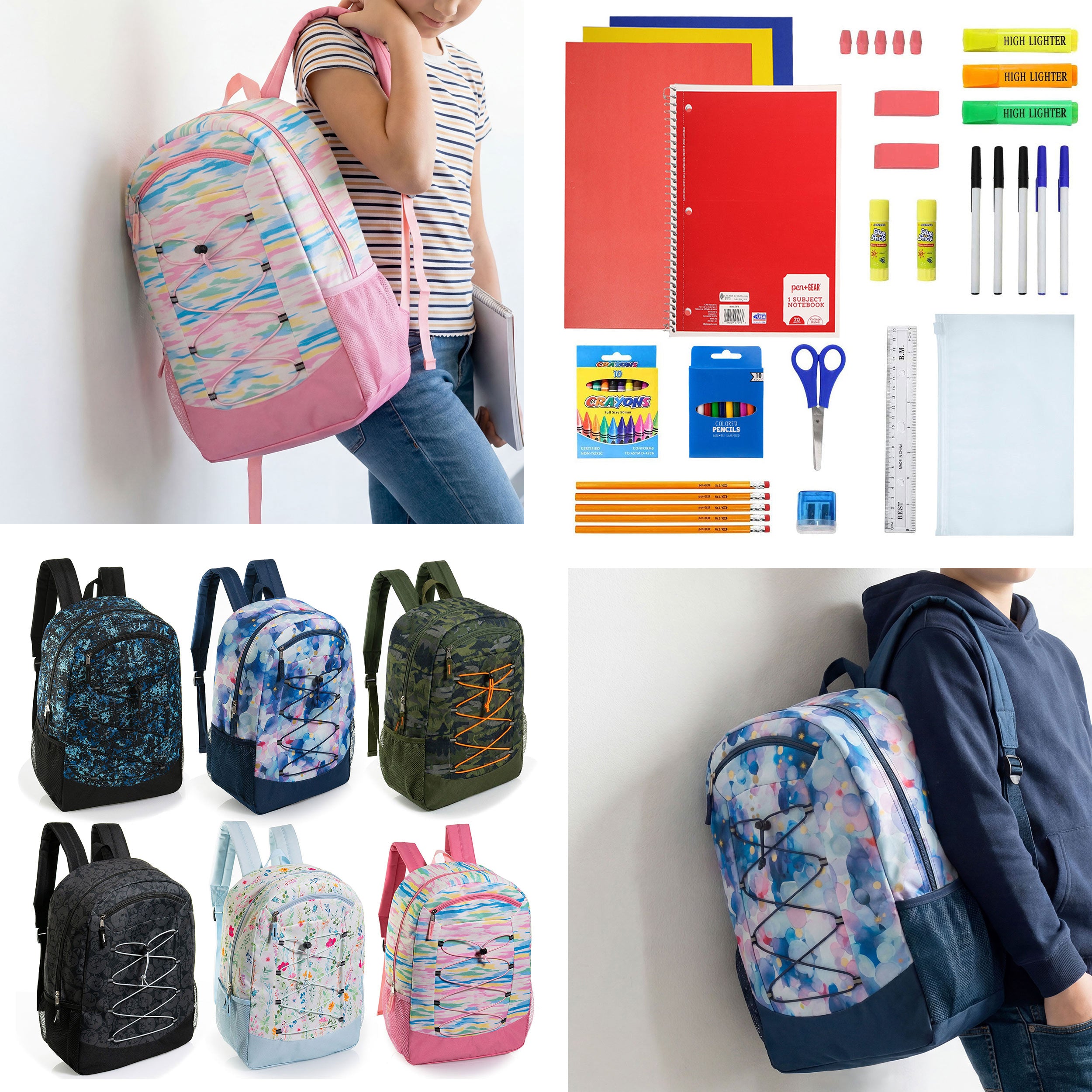 12 Wholesale 19" Bungee Backpack in 6 Patterns & 12 Bulk School Supply Kits of Your Choice