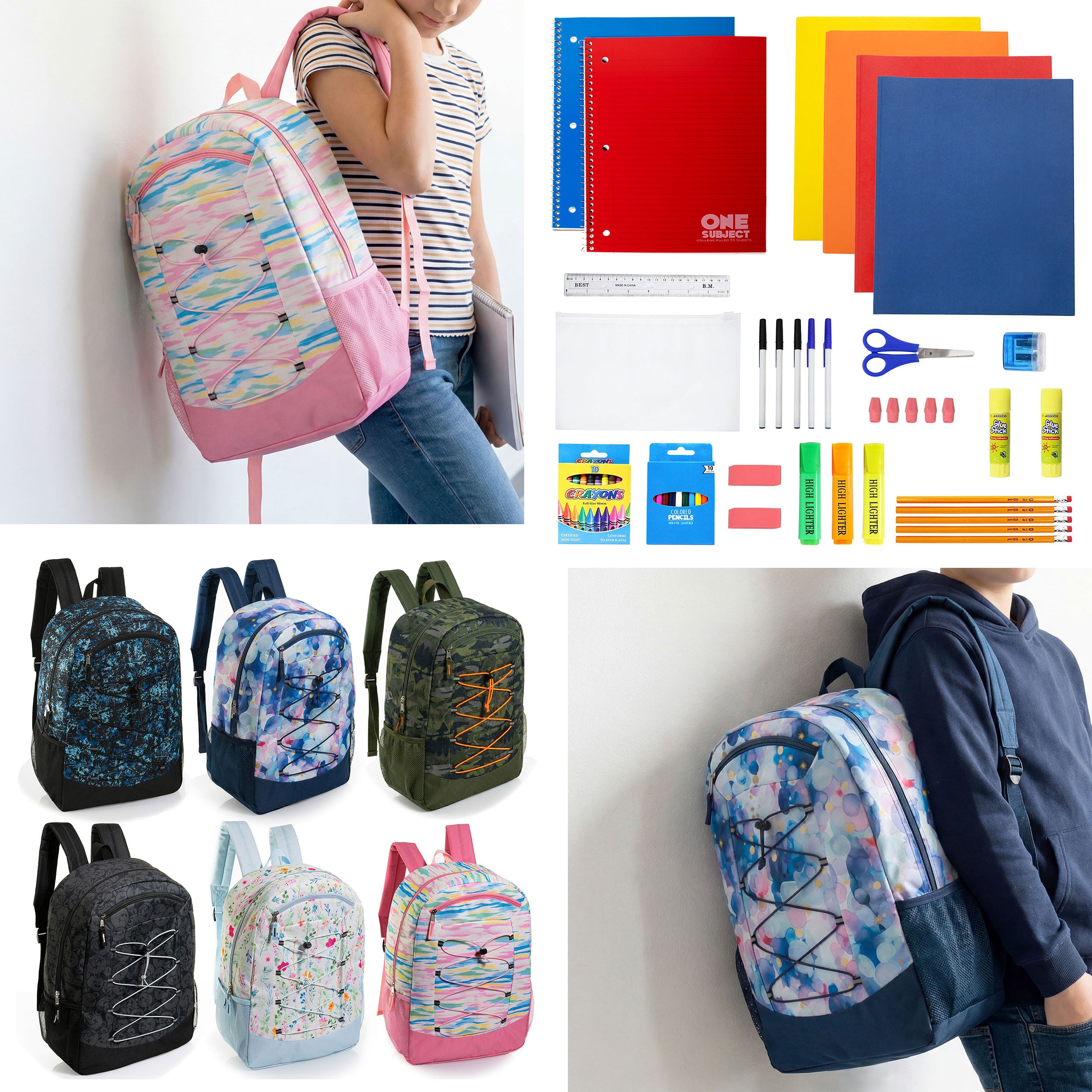 12 Wholesale 19" Bungee Backpack in 6 Patterns & 12 Bulk School Supply Kits of Your Choice