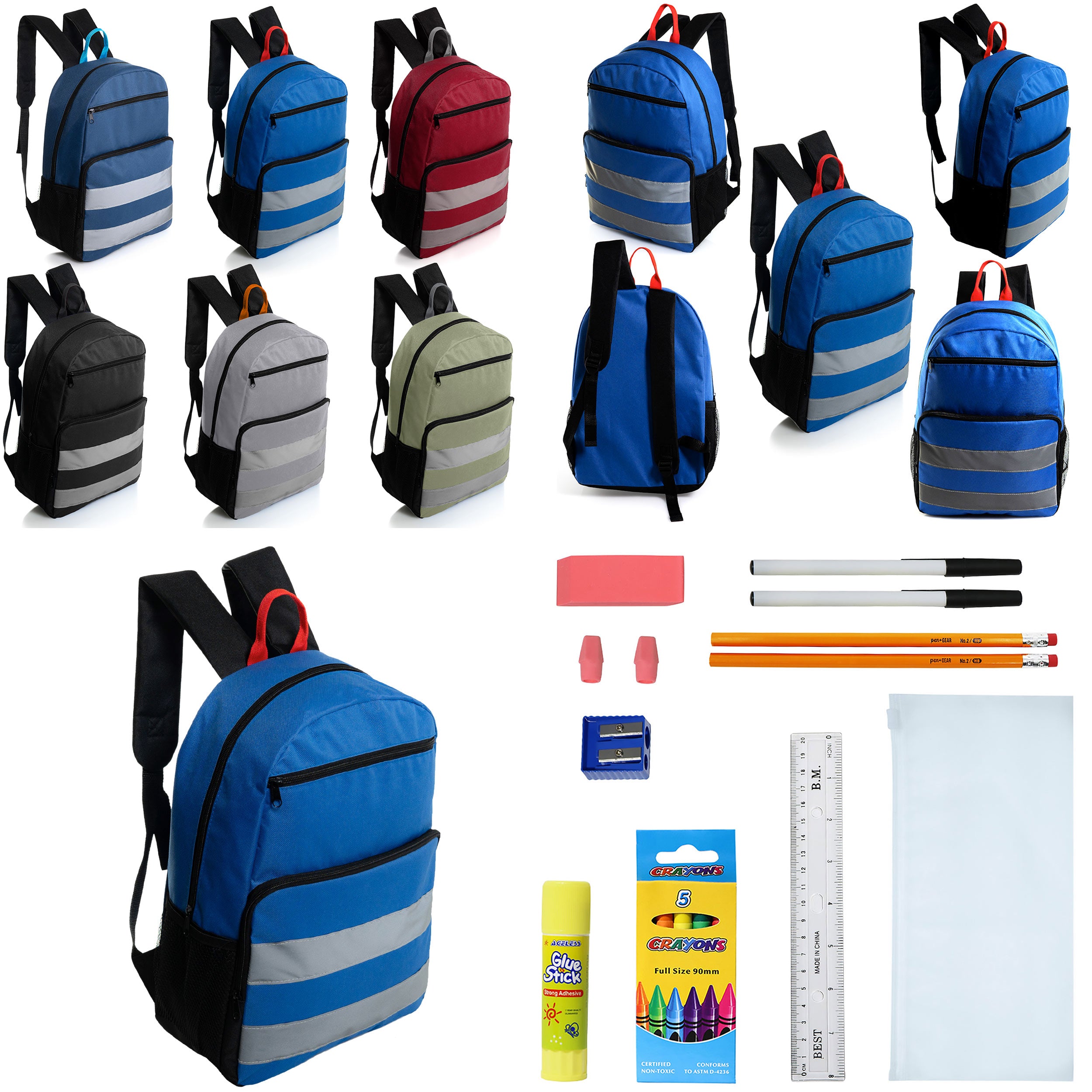 12 Wholesale 17" Reflective Backpacks in Assorted Colors & 12 Bulk School Supply Kits of Your Choice