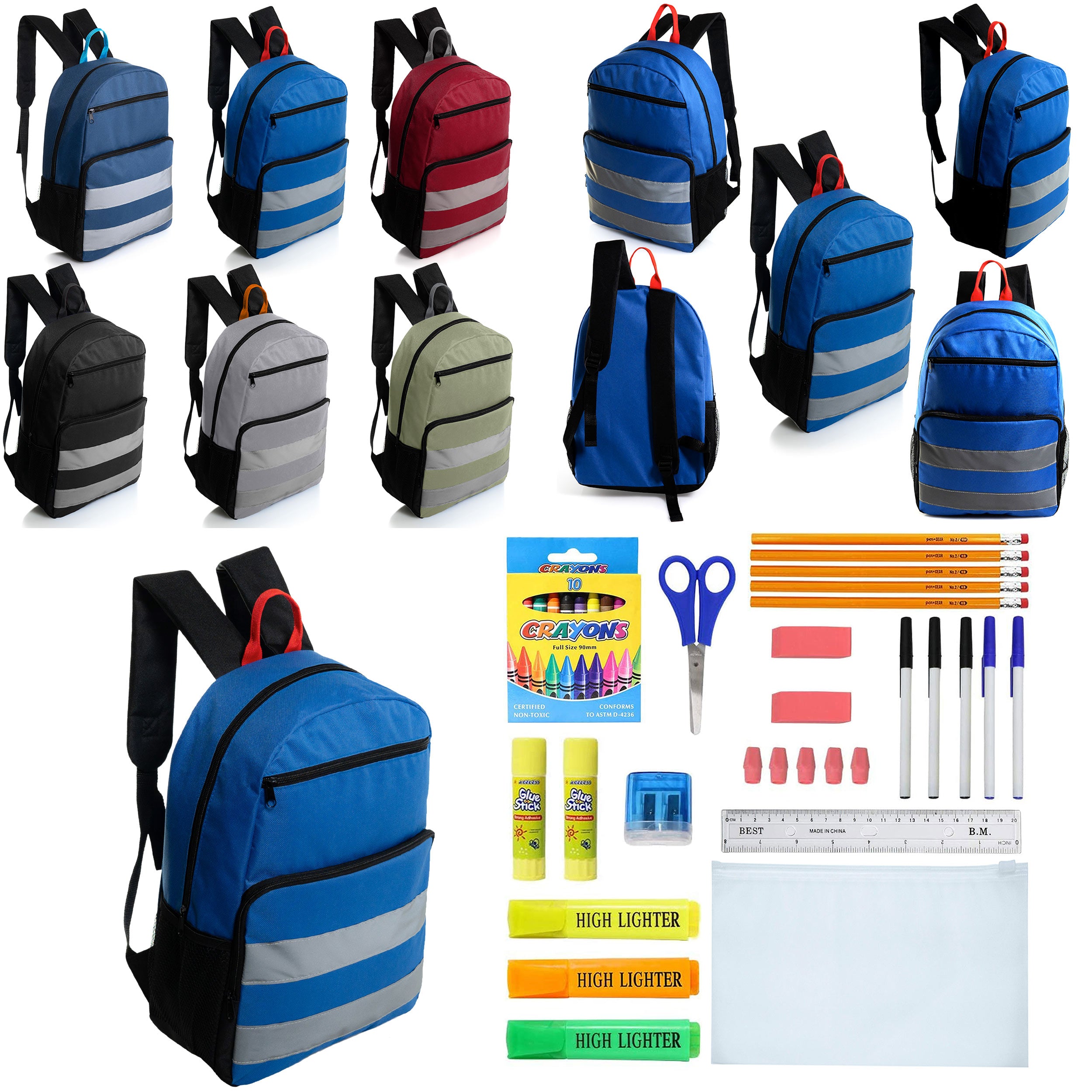 12 Wholesale 17" Reflective Backpacks in Assorted Colors & 12 Bulk School Supply Kits of Your Choice