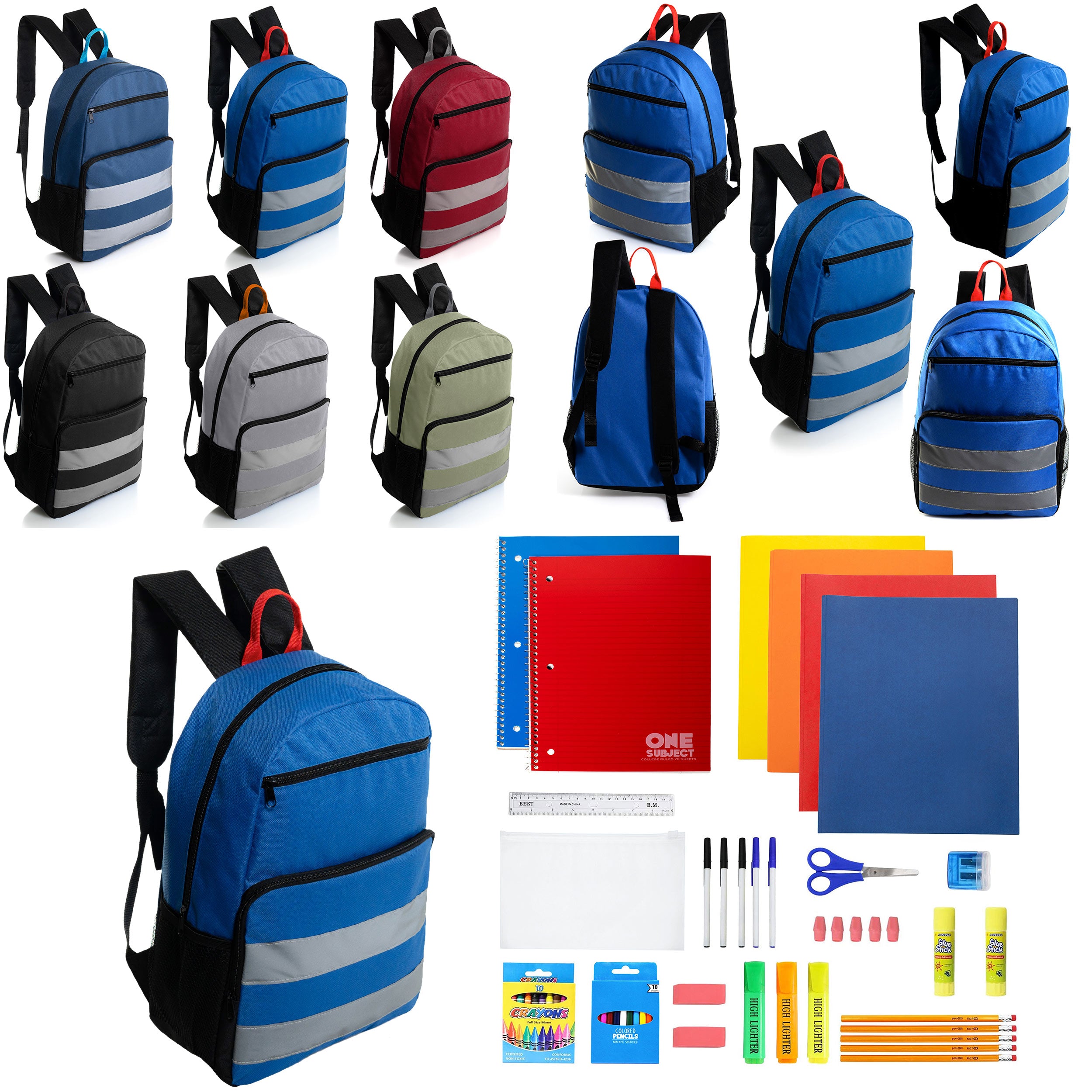 12 Wholesale 17" Reflective Backpacks in Assorted Colors & 12 Bulk School Supply Kits of Your Choice