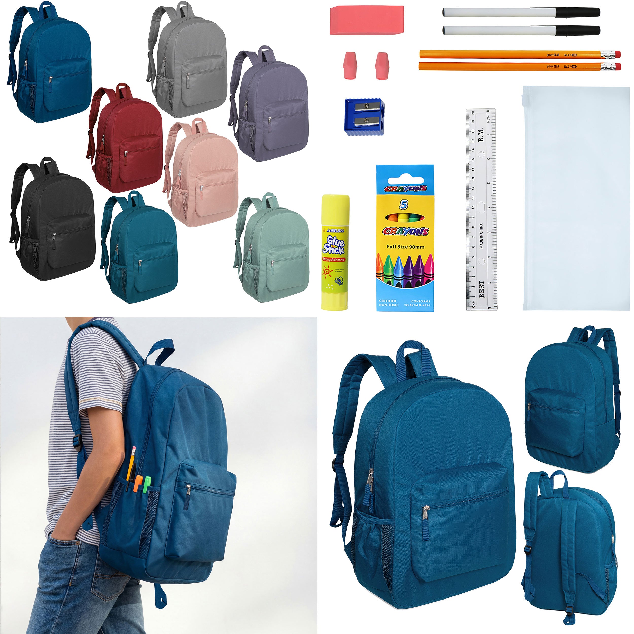 12 Wholesale 17" Deluxe Padded Backpacks & 12 Bulk School Supply Kits of Your Choice