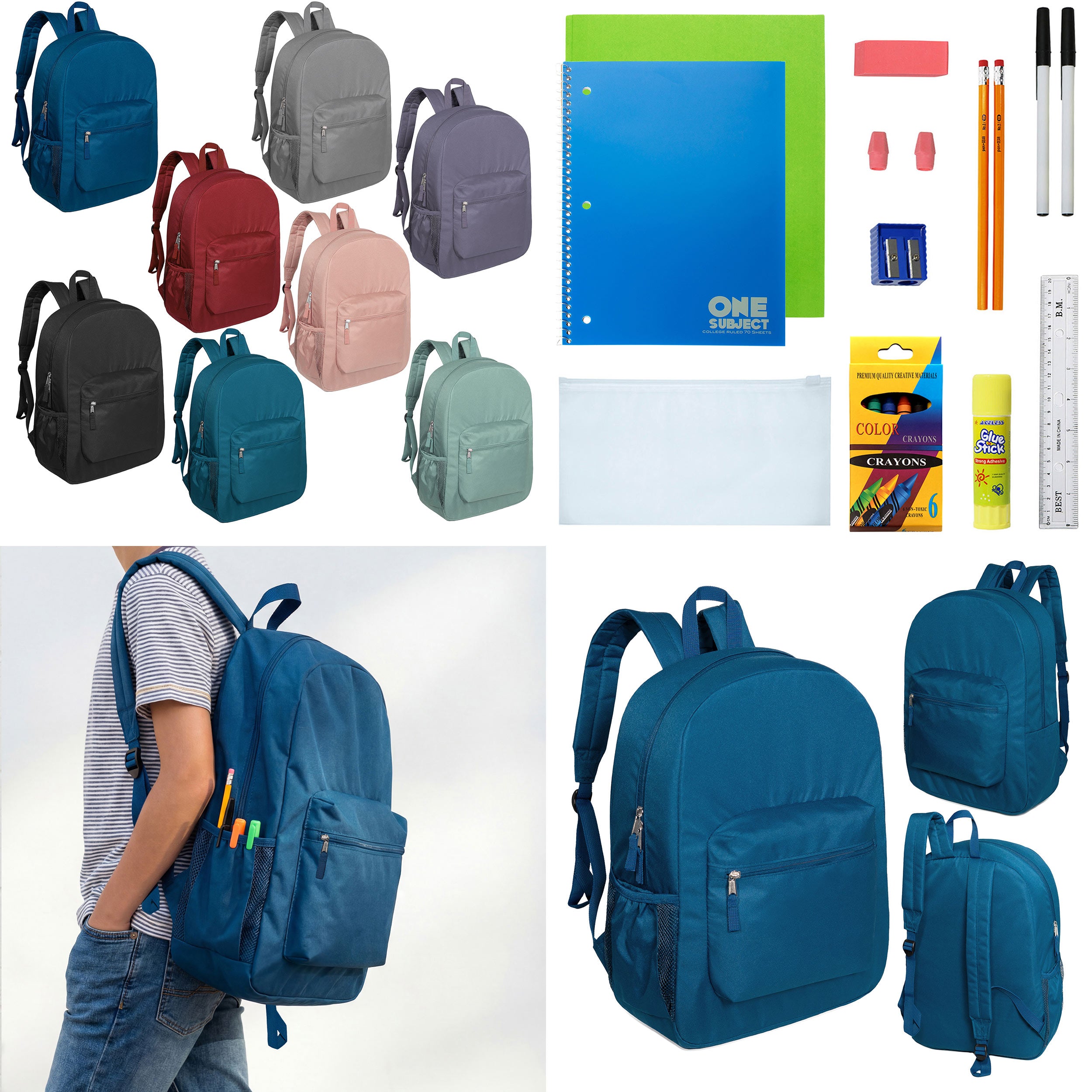 12 Wholesale 17" Deluxe Padded Backpacks & 12 Bulk School Supply Kits of Your Choice