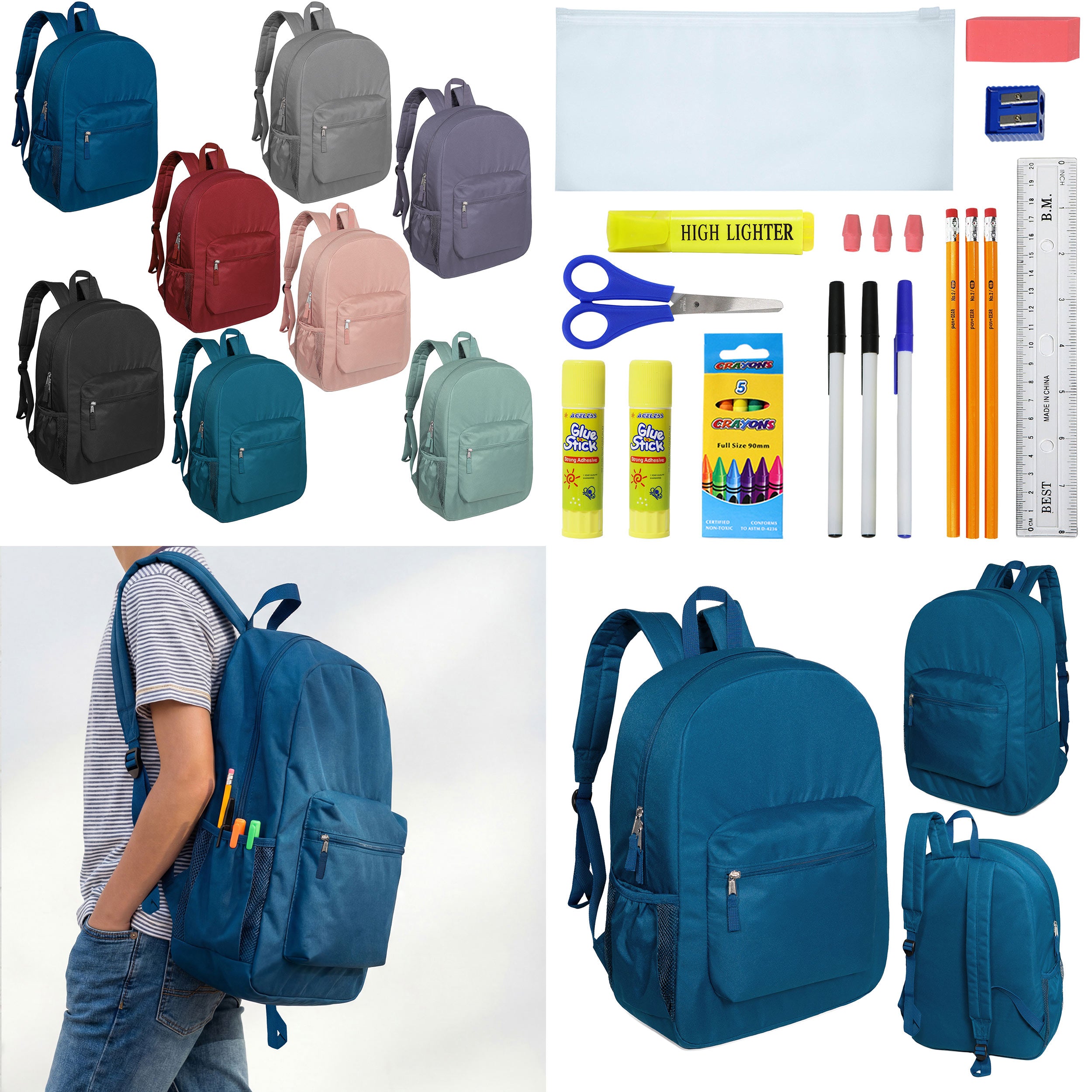 12 Wholesale 17" Deluxe Padded Backpacks & 12 Bulk School Supply Kits of Your Choice