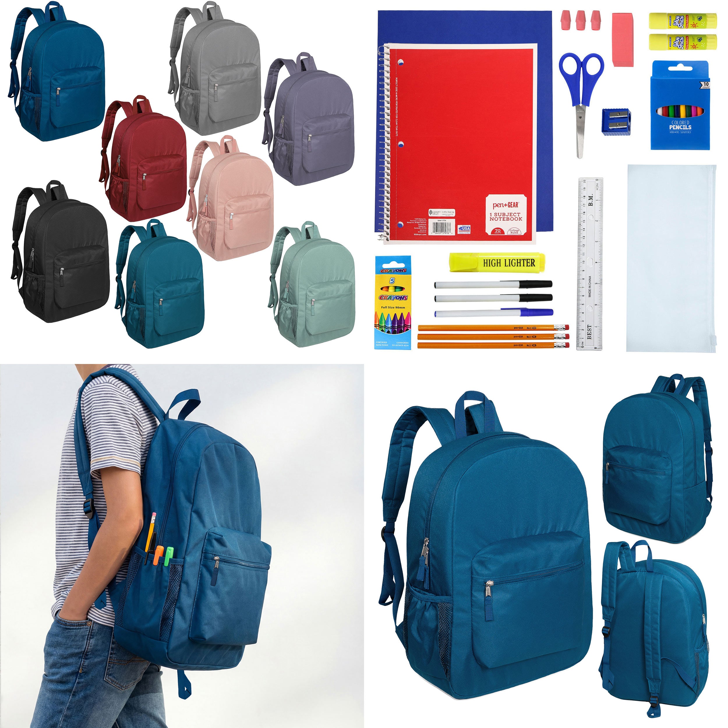 12 Wholesale 17" Deluxe Padded Backpacks & 12 Bulk School Supply Kits of Your Choice