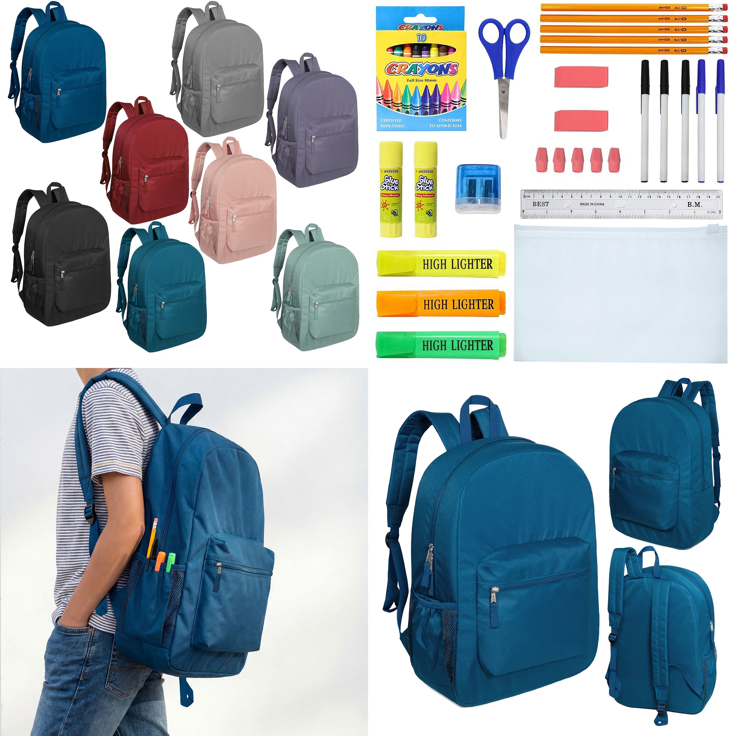 12 Wholesale 17" Deluxe Padded Backpacks & 12 Bulk School Supply Kits of Your Choice