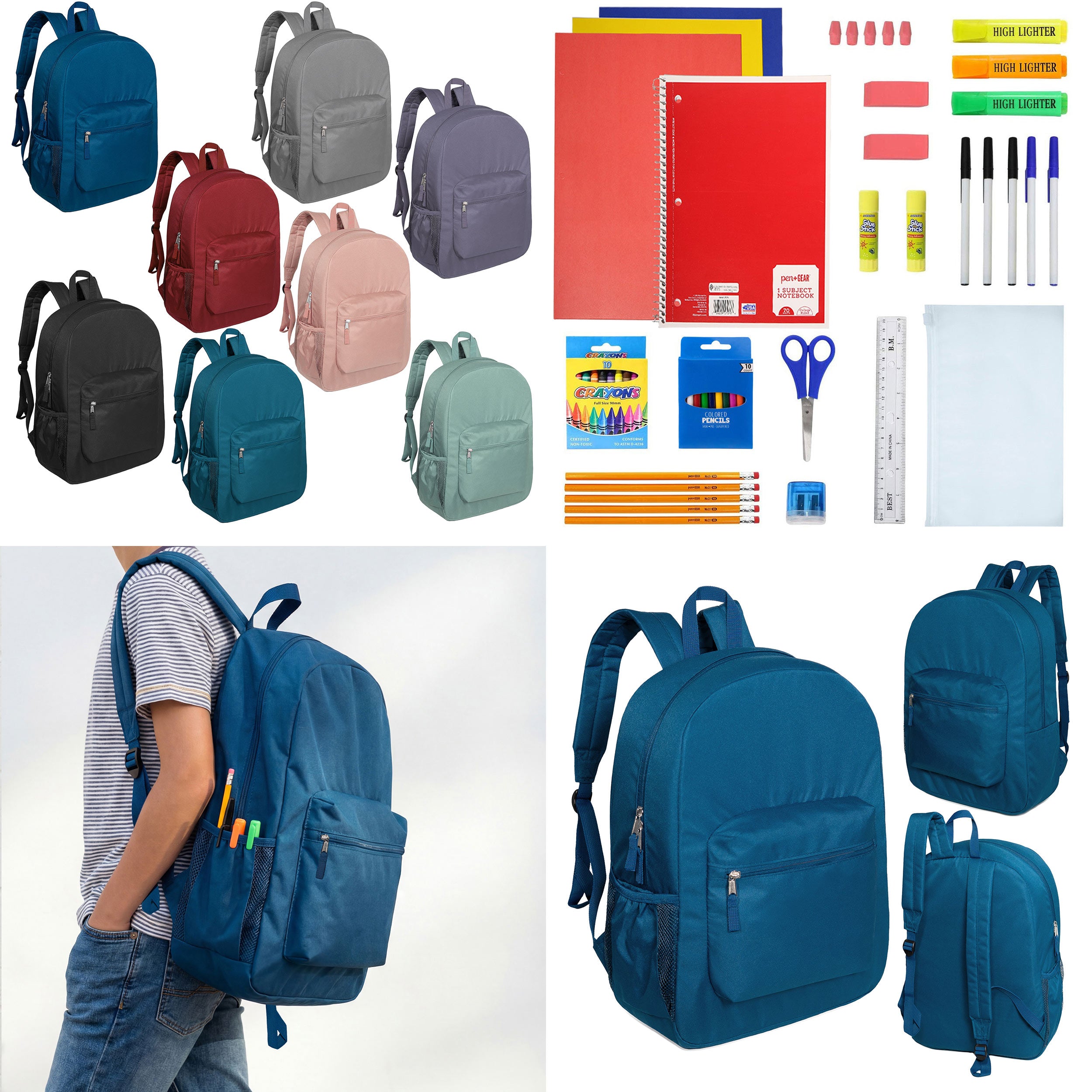 12 Wholesale 17" Deluxe Padded Backpacks & 12 Bulk School Supply Kits of Your Choice