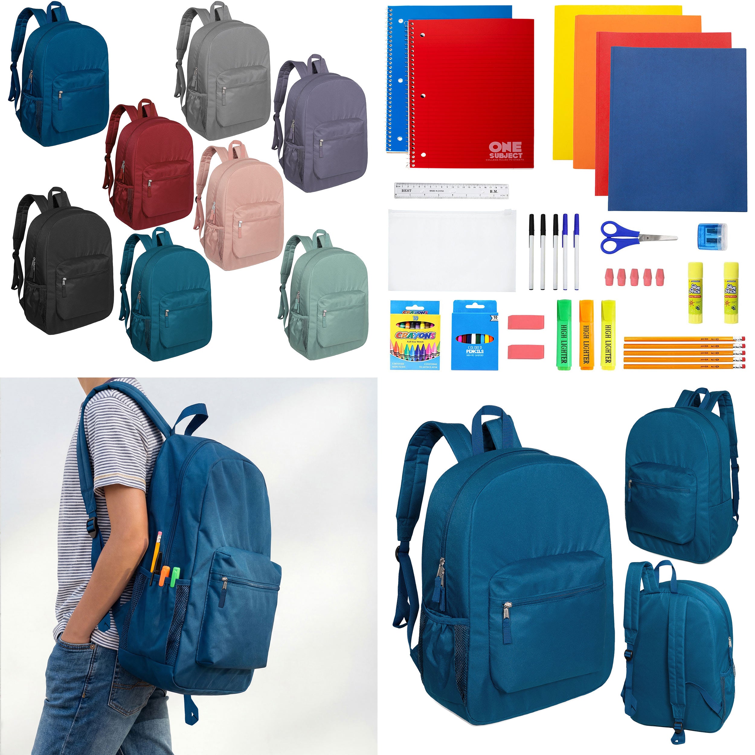 12 Wholesale 17" Deluxe Padded Backpacks & 12 Bulk School Supply Kits of Your Choice