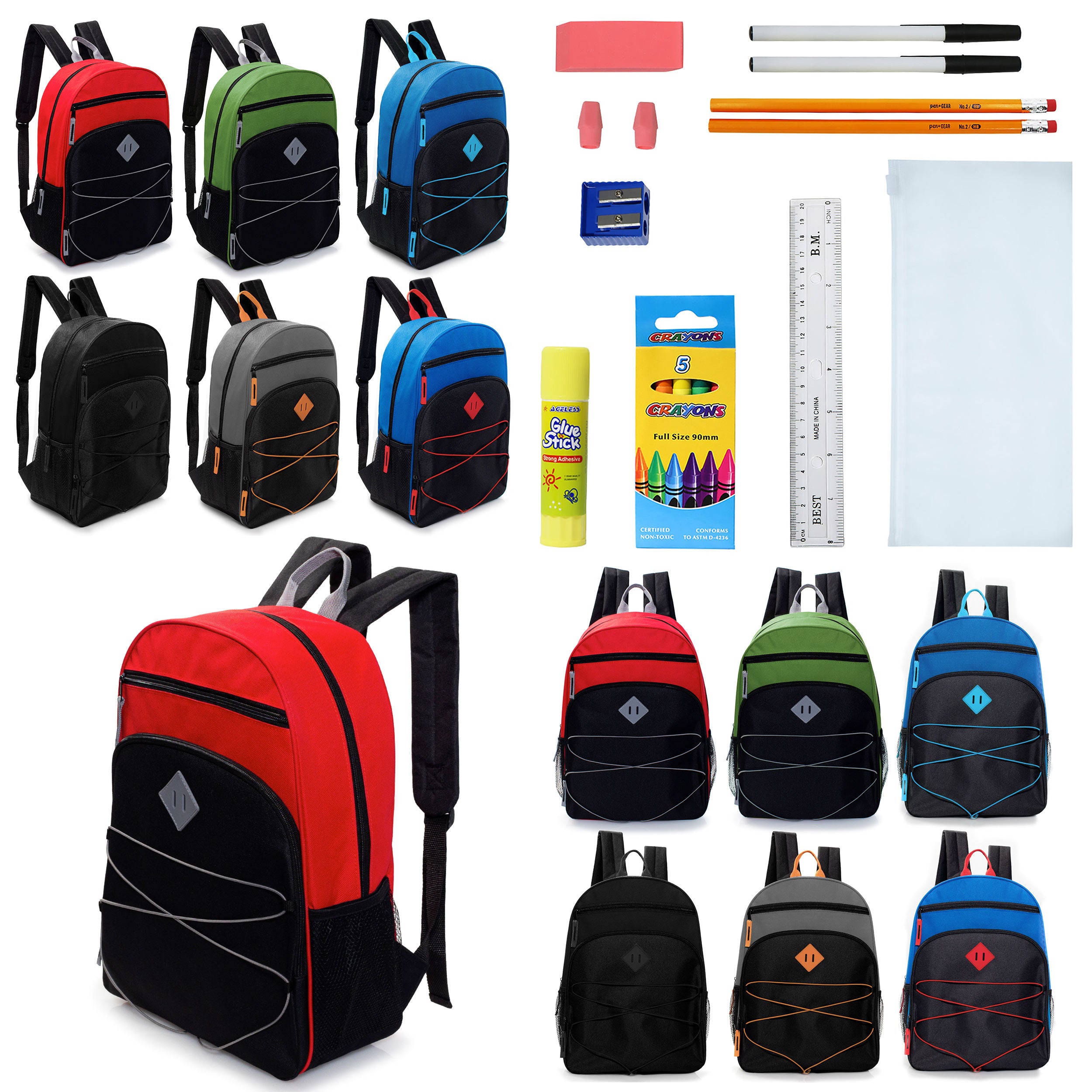 12 Wholesale 17" Bungee Backpacks with Side Pockets & 12 Bulk School Supply Kits of Your Choice