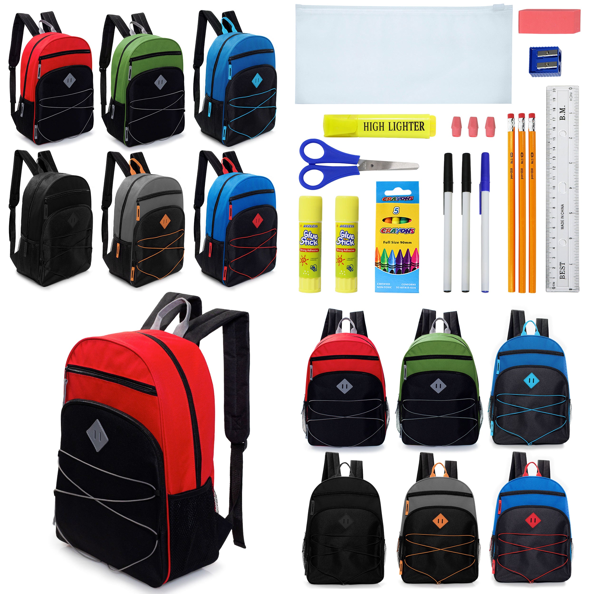 12 Wholesale 17" Bungee Backpacks with Side Pockets & 12 Bulk School Supply Kits of Your Choice