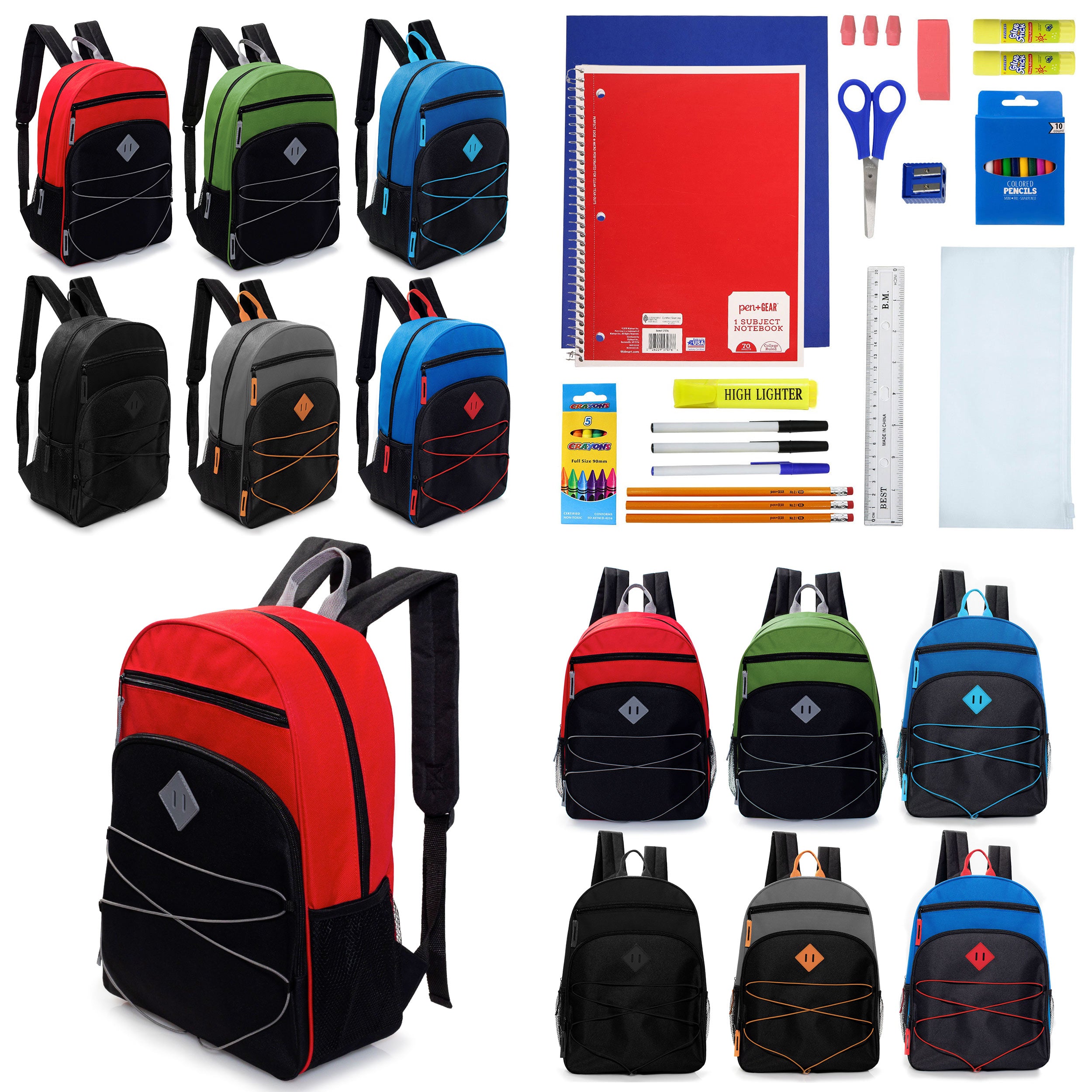 12 Wholesale 17" Bungee Backpacks with Side Pockets & 12 Bulk School Supply Kits of Your Choice