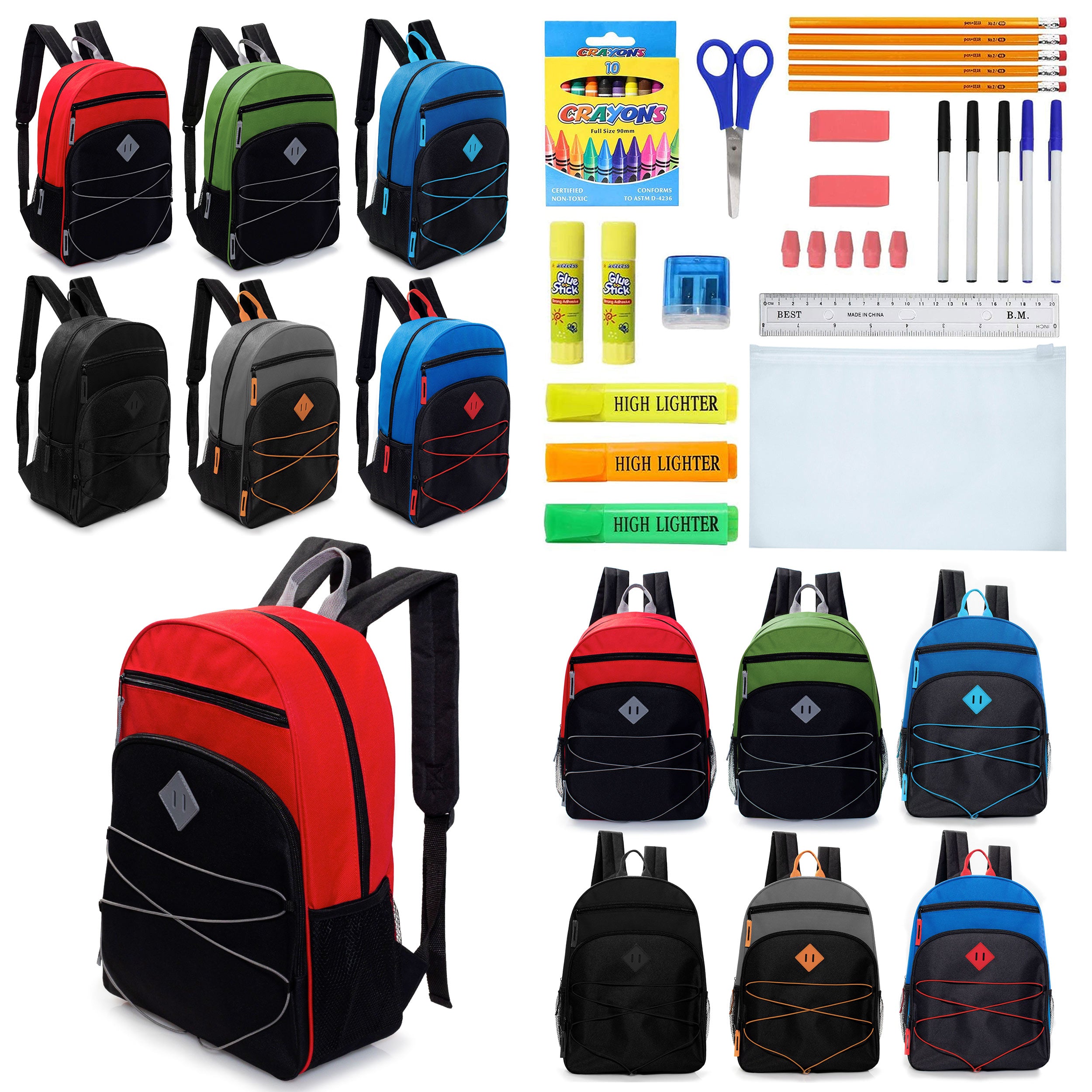 12 Wholesale 17" Bungee Backpacks with Side Pockets & 12 Bulk School Supply Kits of Your Choice