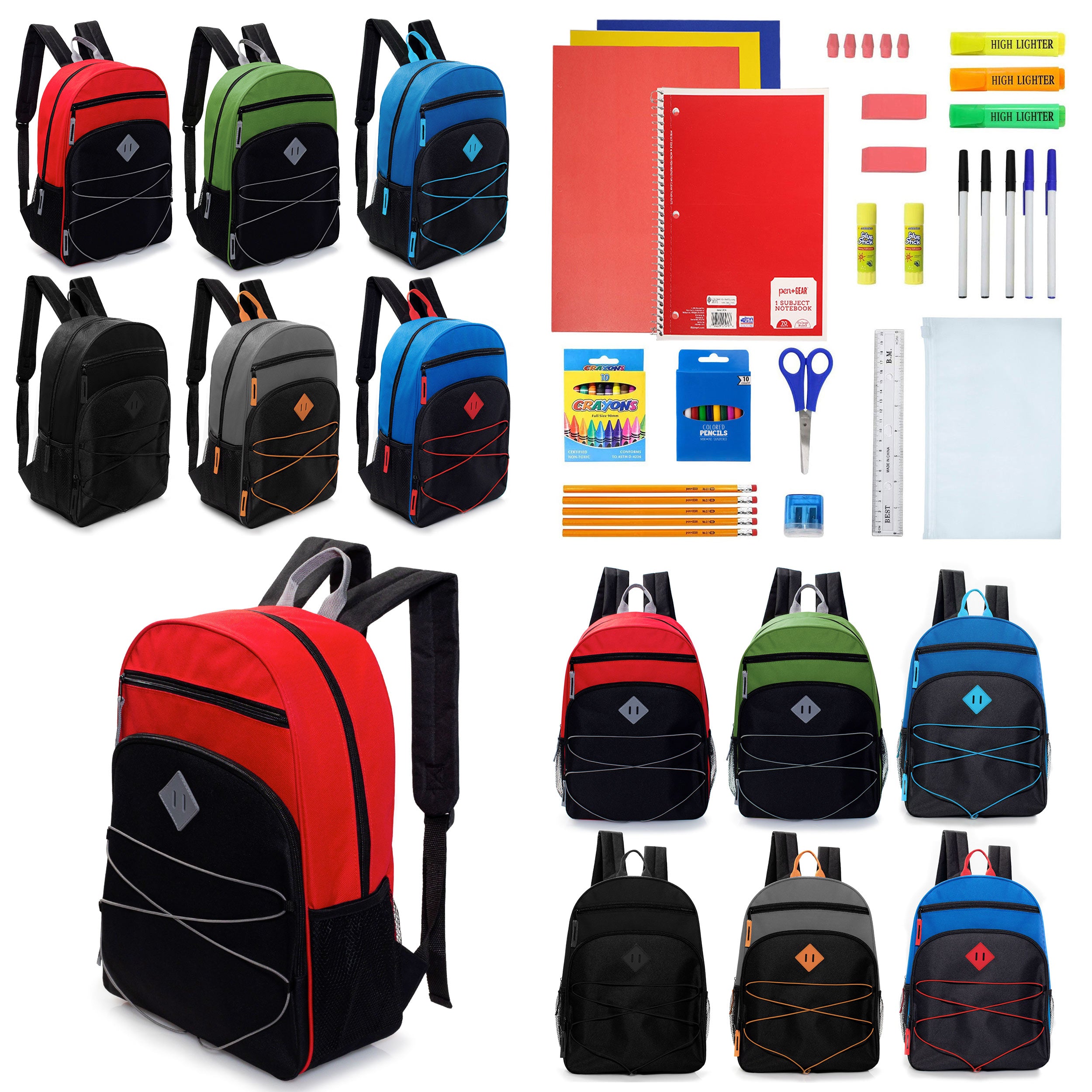 12 Wholesale 17" Bungee Backpacks with Side Pockets & 12 Bulk School Supply Kits of Your Choice