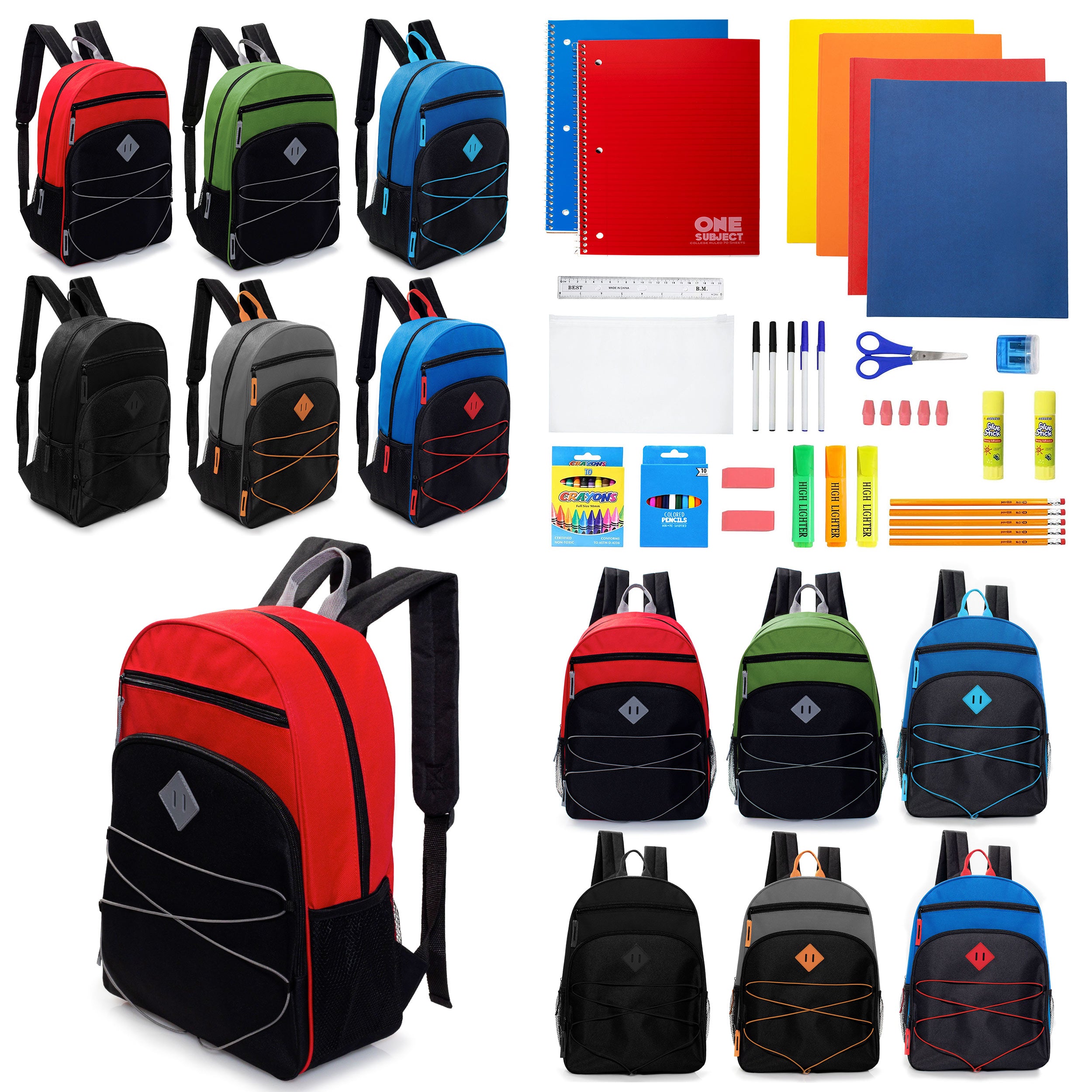 12 Wholesale 17" Bungee Backpacks with Side Pockets & 12 Bulk School Supply Kits of Your Choice