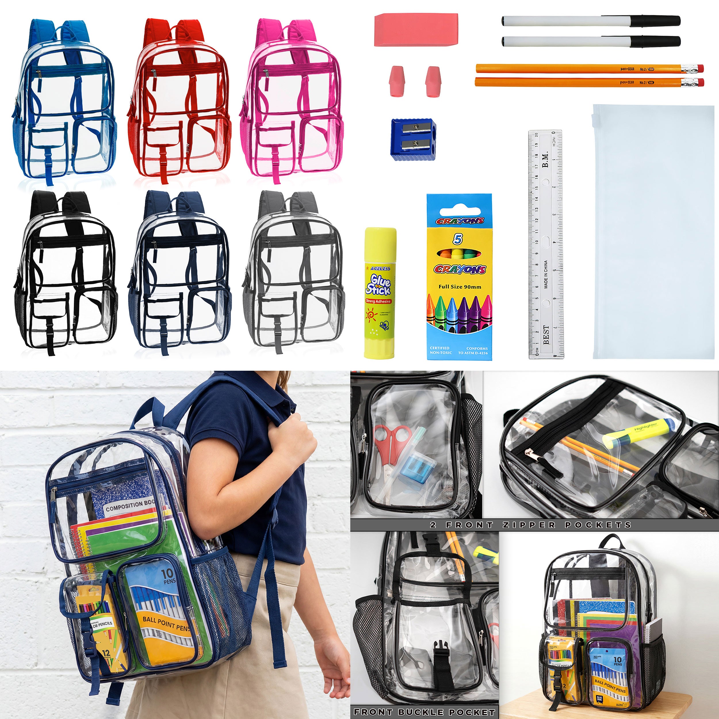 12 Wholesale 17" Premium Clear Backpacks & 12 Bulk School Supply Kits of Your Choice