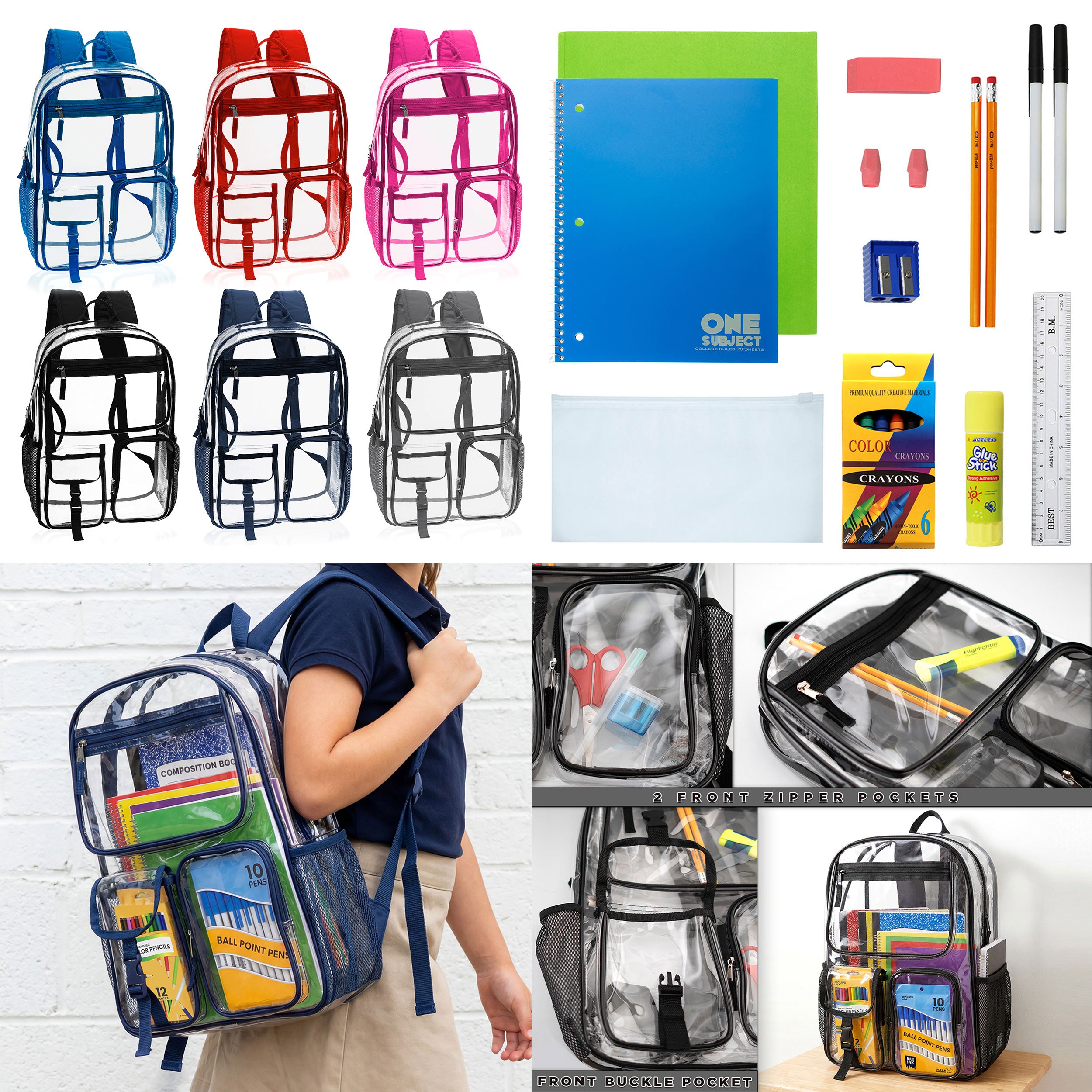 12 Wholesale 17" Premium Clear Backpacks & 12 Bulk School Supply Kits of Your Choice