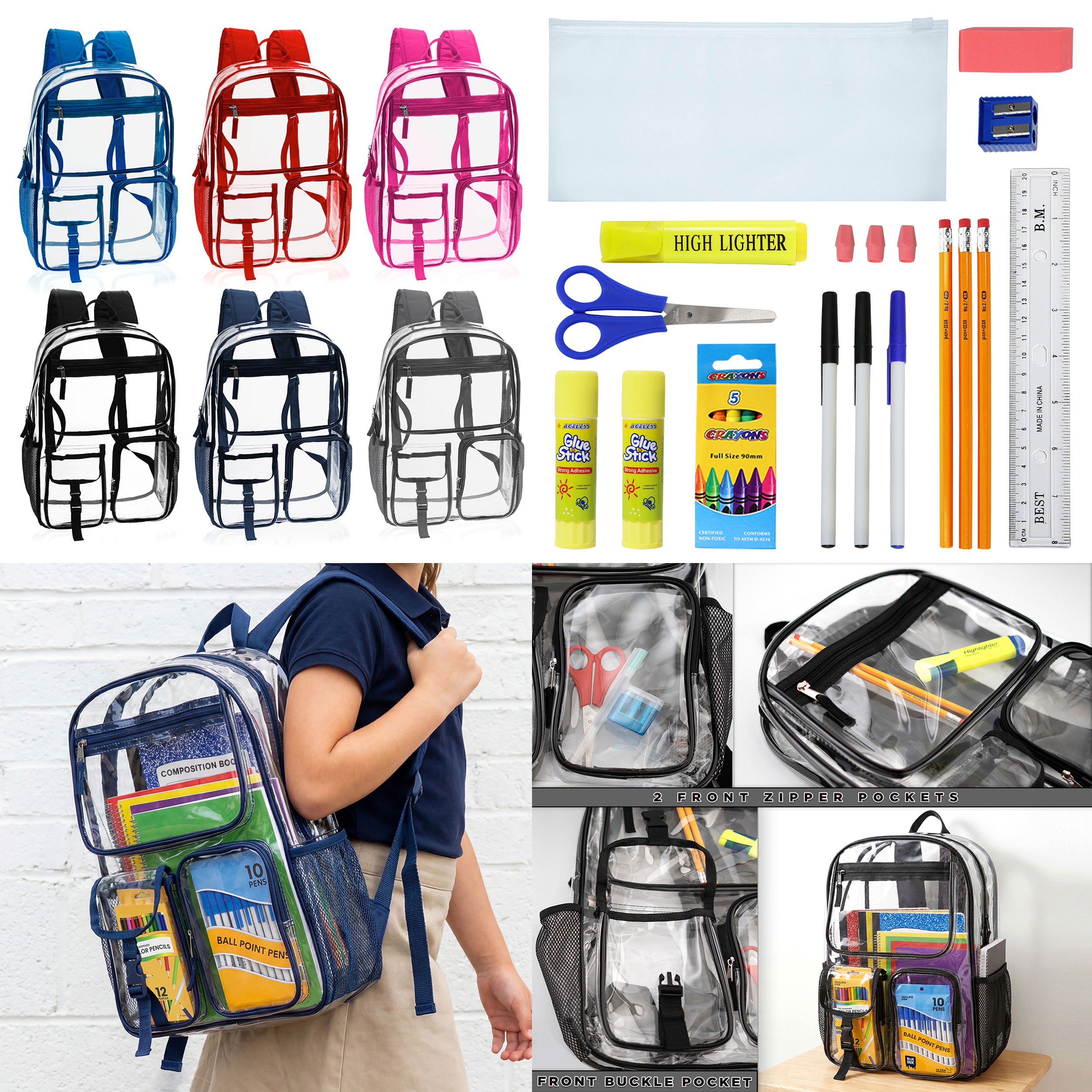 12 Wholesale 17" Premium Clear Backpacks & 12 Bulk School Supply Kits of Your Choice