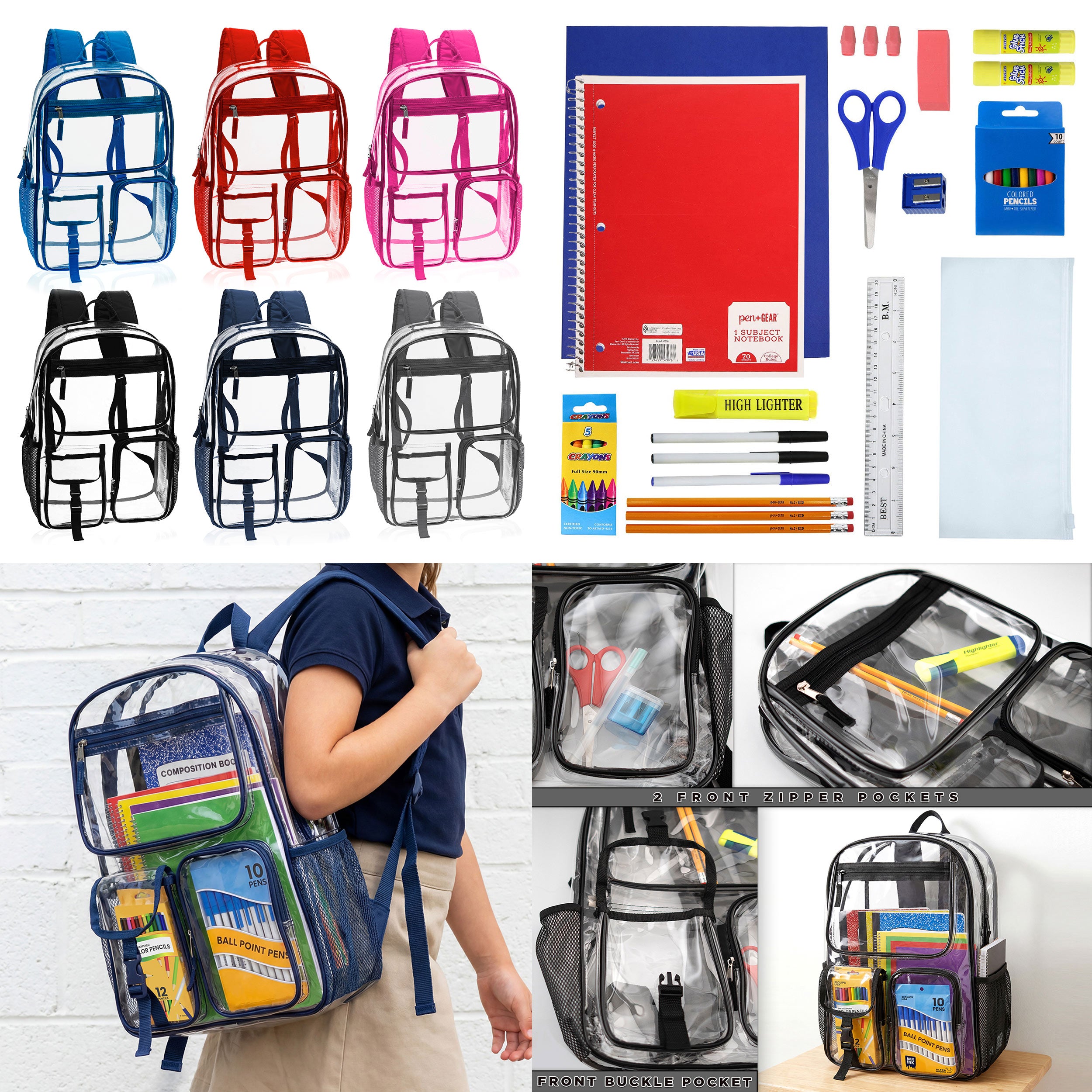 12 Wholesale 17" Premium Clear Backpacks & 12 Bulk School Supply Kits of Your Choice