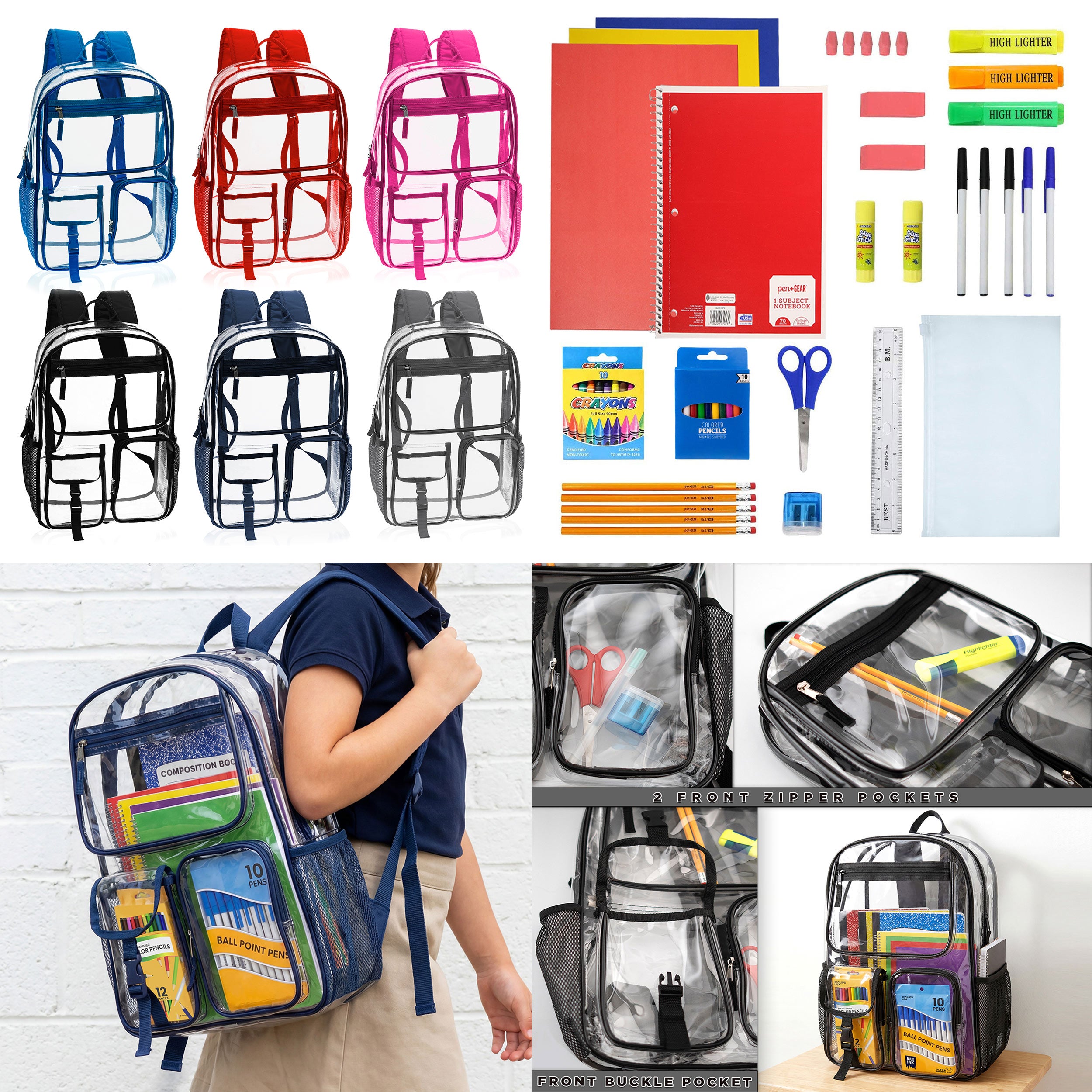 12 Wholesale 17" Premium Clear Backpacks & 12 Bulk School Supply Kits of Your Choice