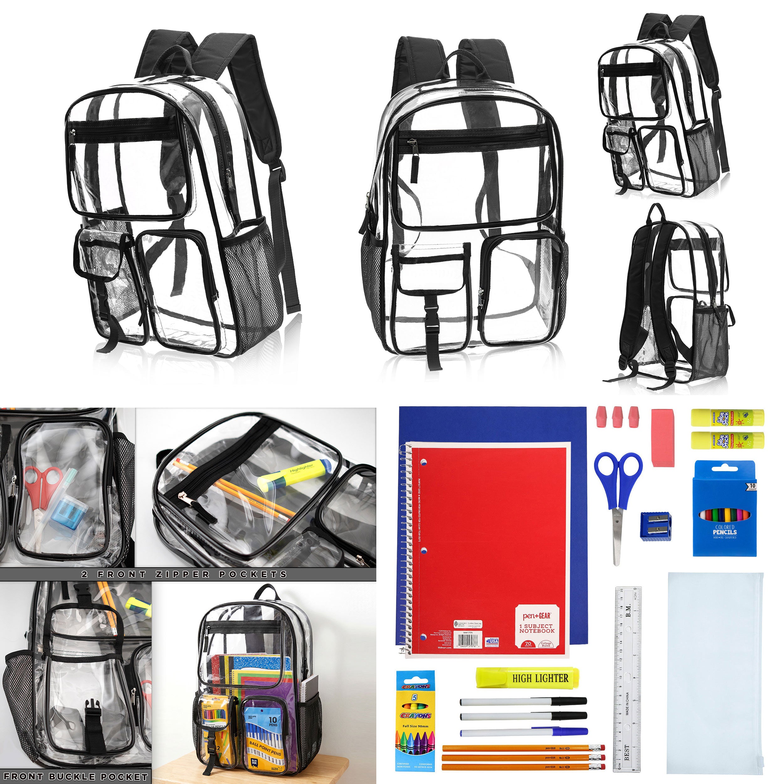 12 Wholesale 17" Premium Clear Backpacks with Black Trim & 12 Bulk School Supply Kits of Your Choice