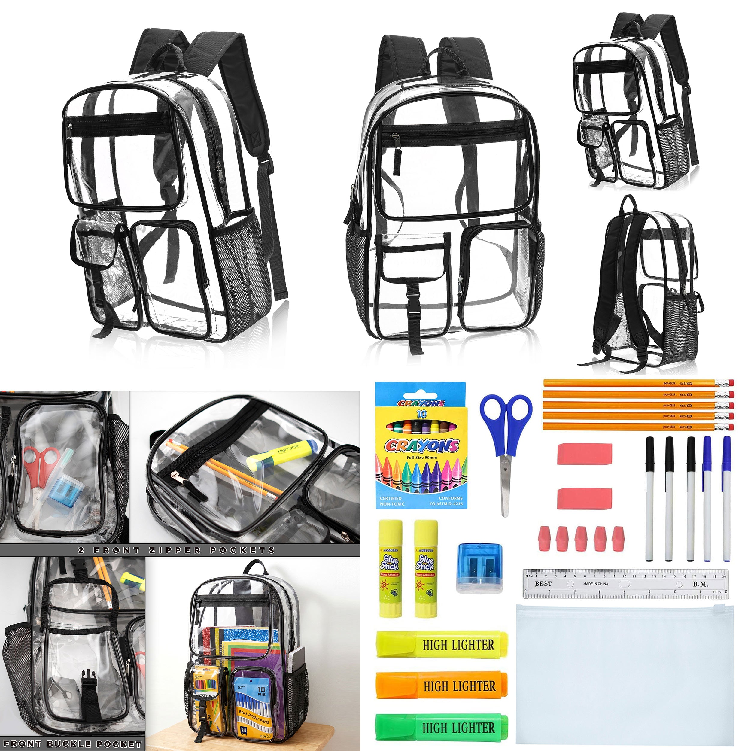 12 Wholesale 17" Premium Clear Backpacks with Black Trim & 12 Bulk School Supply Kits of Your Choice