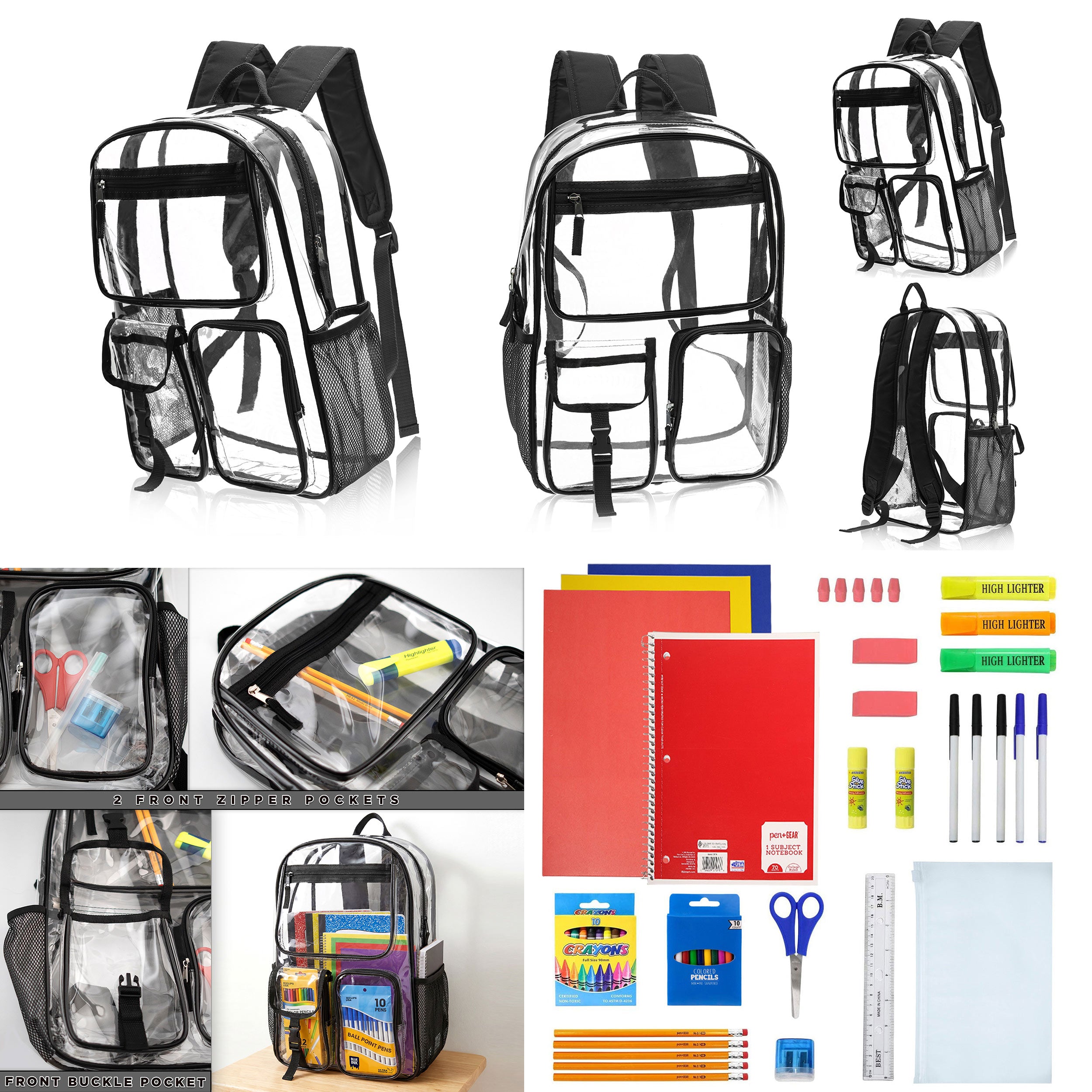 12 Wholesale 17" Premium Clear Backpacks with Black Trim & 12 Bulk School Supply Kits of Your Choice