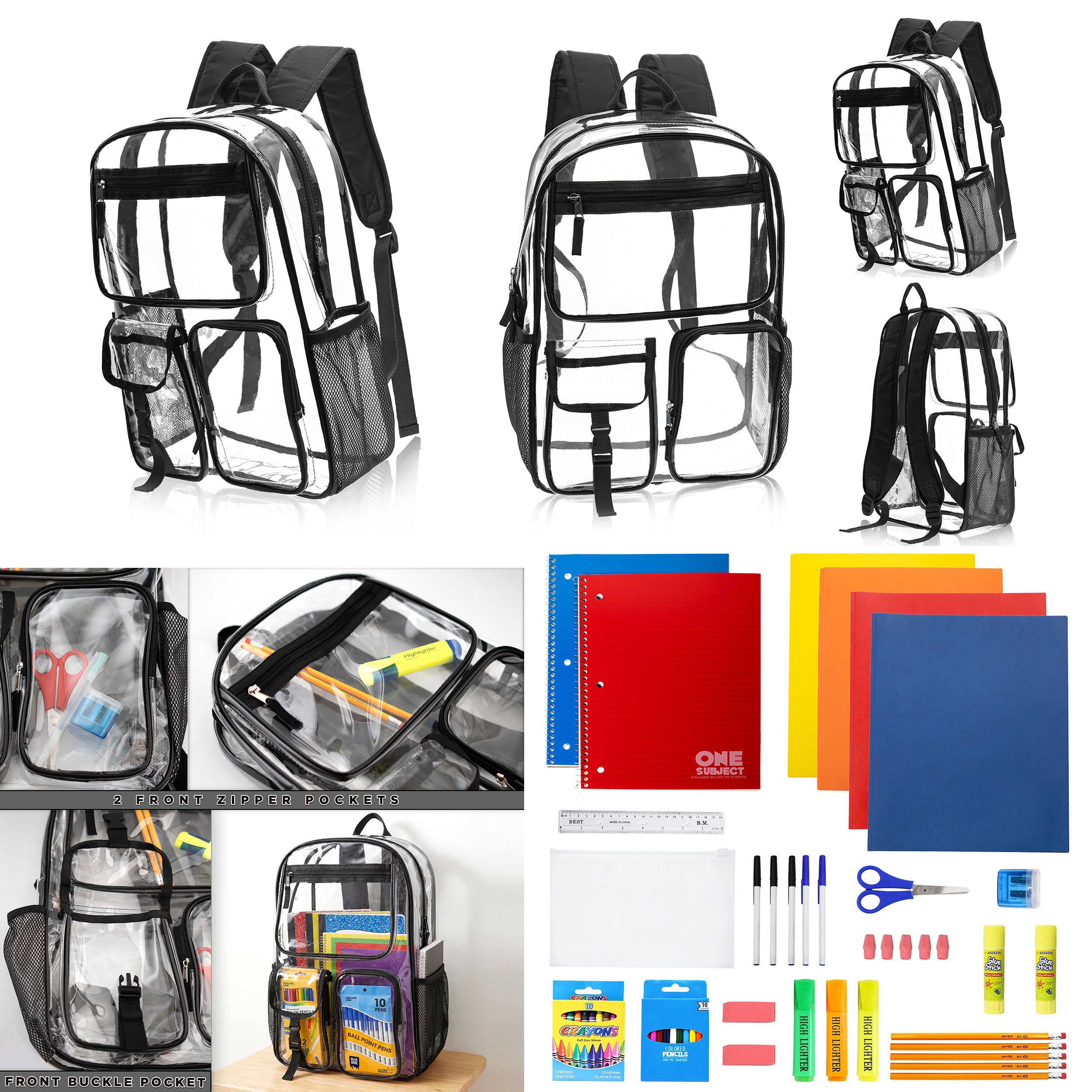 12 Wholesale 17" Premium Clear Backpacks with Black Trim & 12 Bulk School Supply Kits of Your Choice