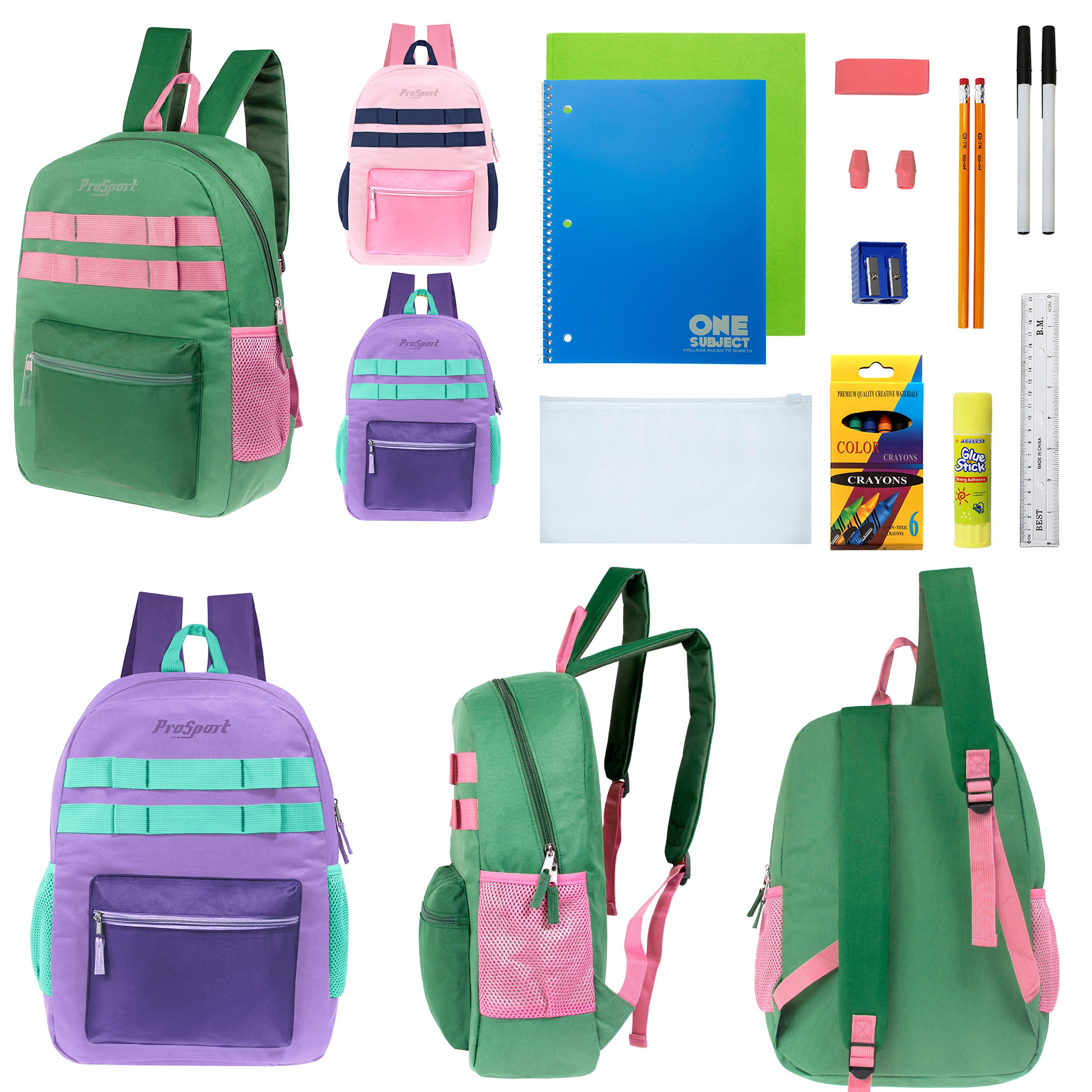 17" Multi Color Girls Wholesale Backpacks in 3 Colors & 12 Bulk School Supply Kits of Your Choice