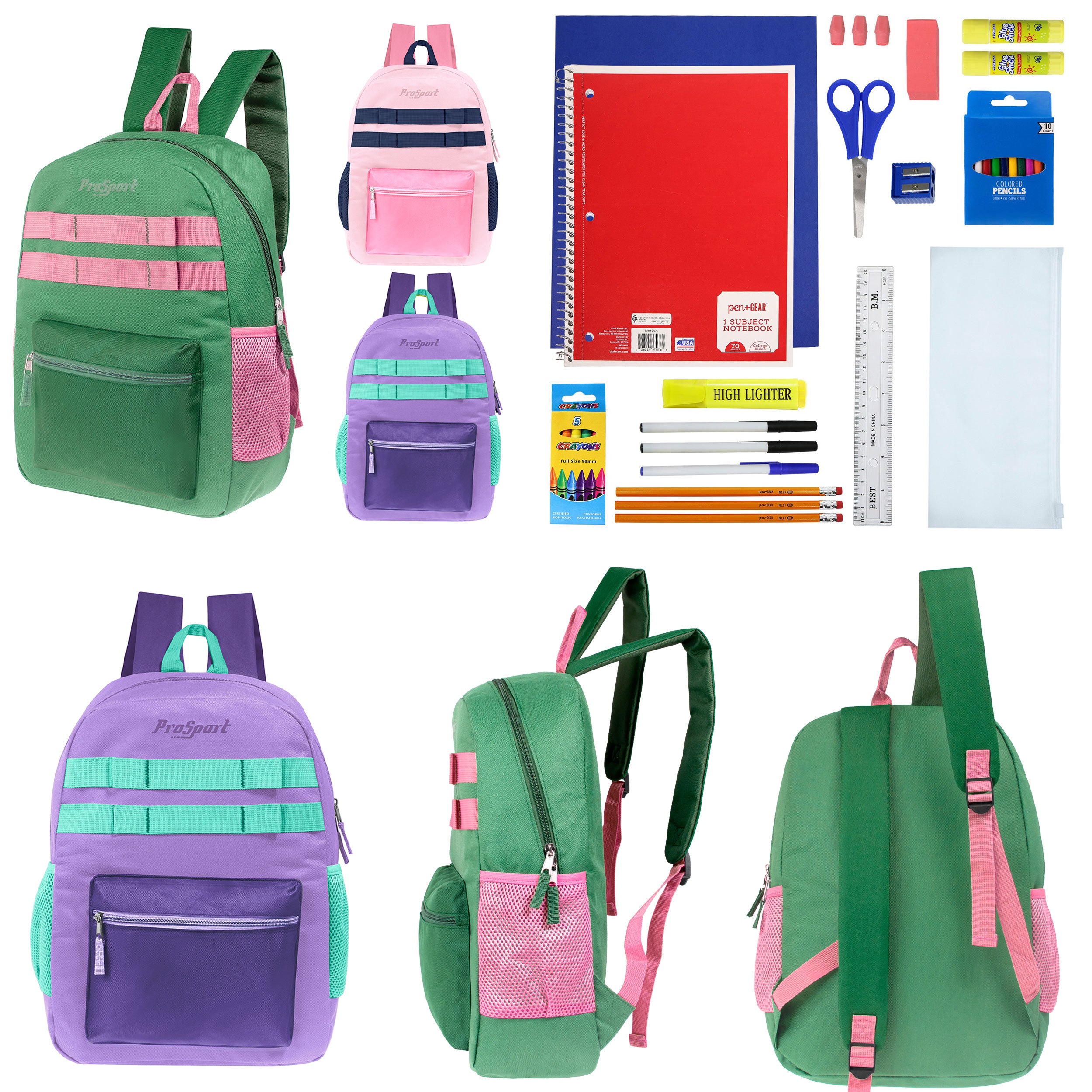 17" Multi Color Girls Wholesale Backpacks in 3 Colors & 12 Bulk School Supply Kits of Your Choice