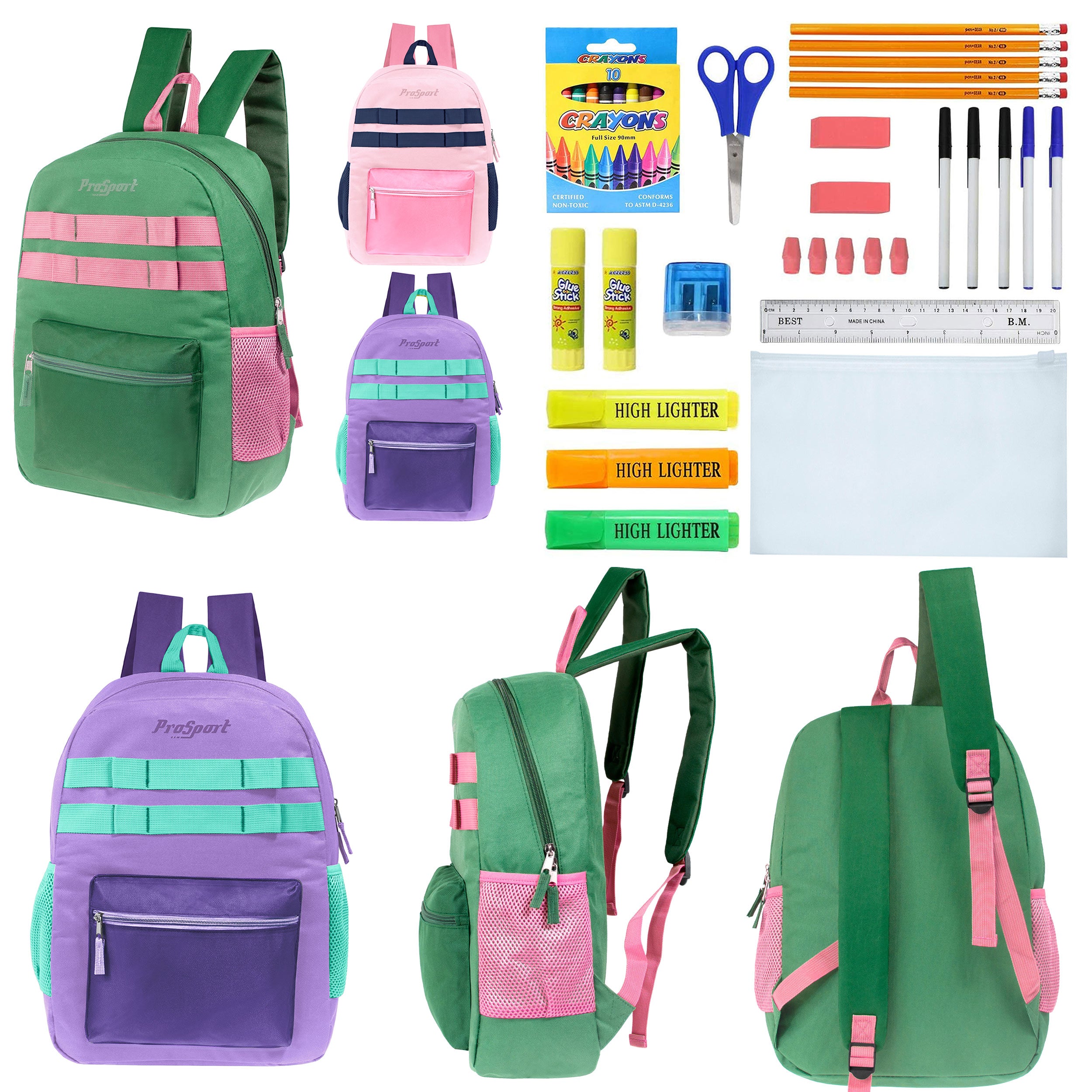 17" Multi Color Girls Wholesale Backpacks in 3 Colors & 12 Bulk School Supply Kits of Your Choice