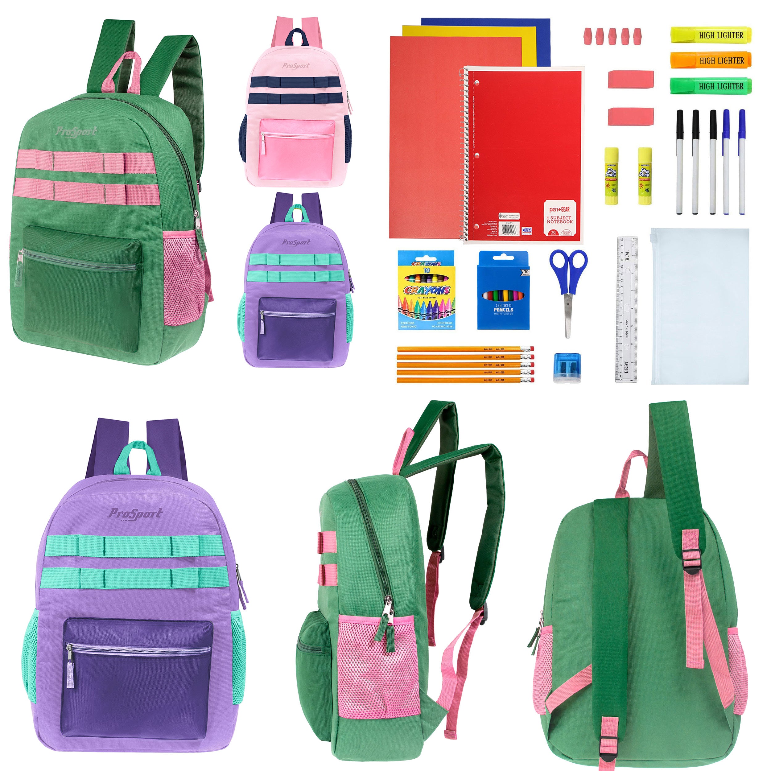 17" Multi Color Girls Wholesale Backpacks in 3 Colors & 12 Bulk School Supply Kits of Your Choice