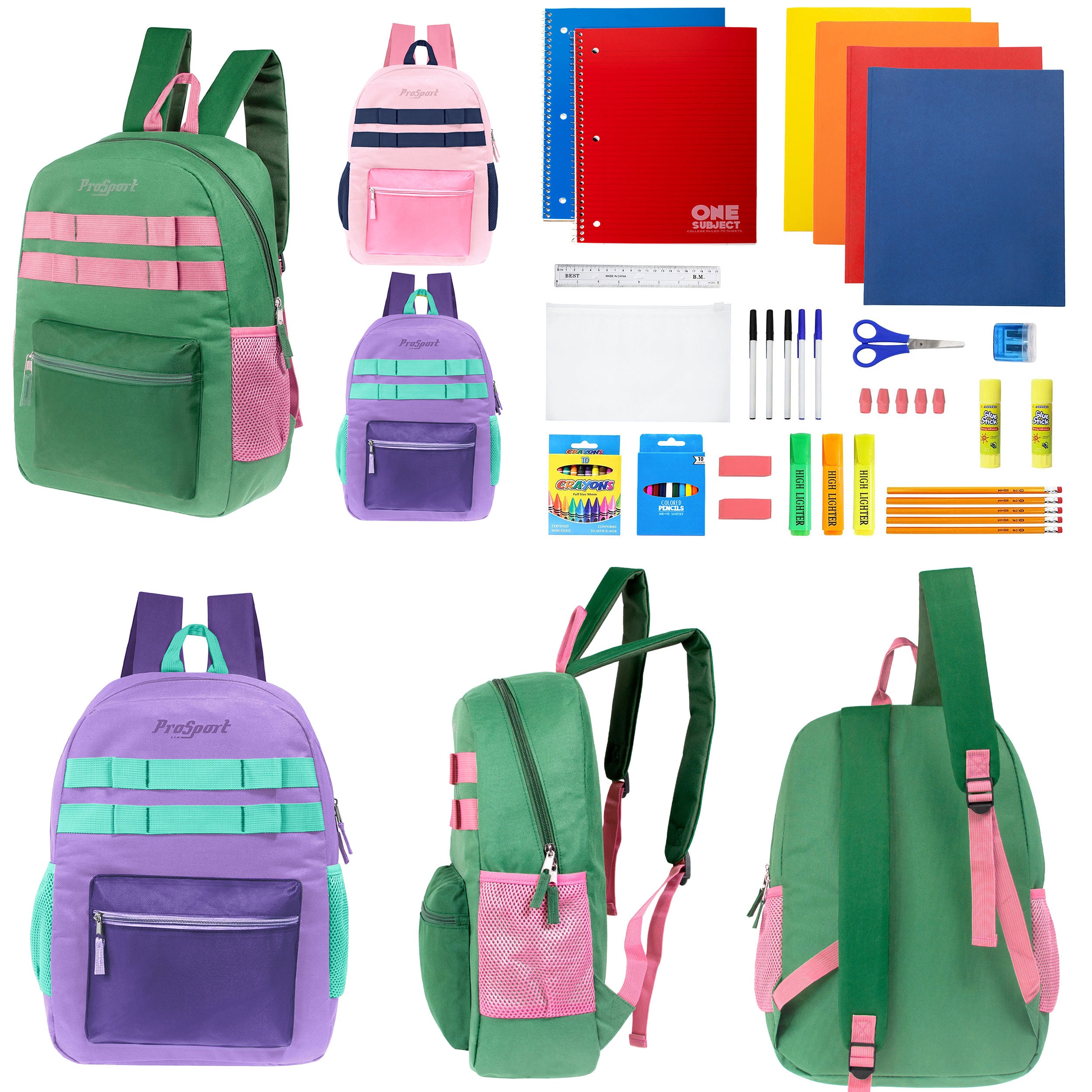 17" Multi Color Girls Wholesale Backpacks in 3 Colors & 12 Bulk School Supply Kits of Your Choice